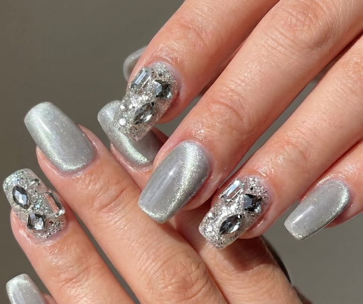 Blisss Nails Handmade Grey With Cat Eye Effect and Glitter Rhinestone Press On Nails – Short Coffin Reusable Artificial Fake Nails with Crystal Nail Art | Premium Elegant Nail Design 10 Pc Nail Set