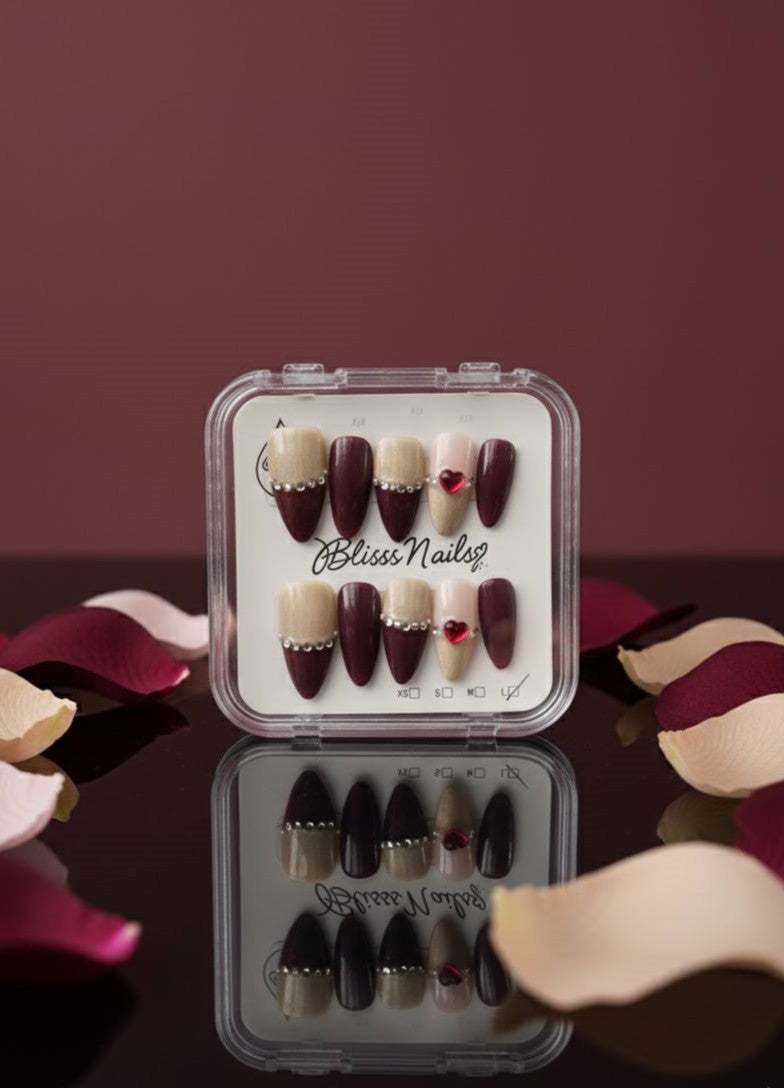 Blisss Nails Handmade Burgundy & Gold With Cat Eye Effect Heart Rhinestone Press On Nails – Long Almond Reusable Artificial Fake Nails with Pearl Crystal Nail Art | Premium Valentine Glam 10 pc Nails Set