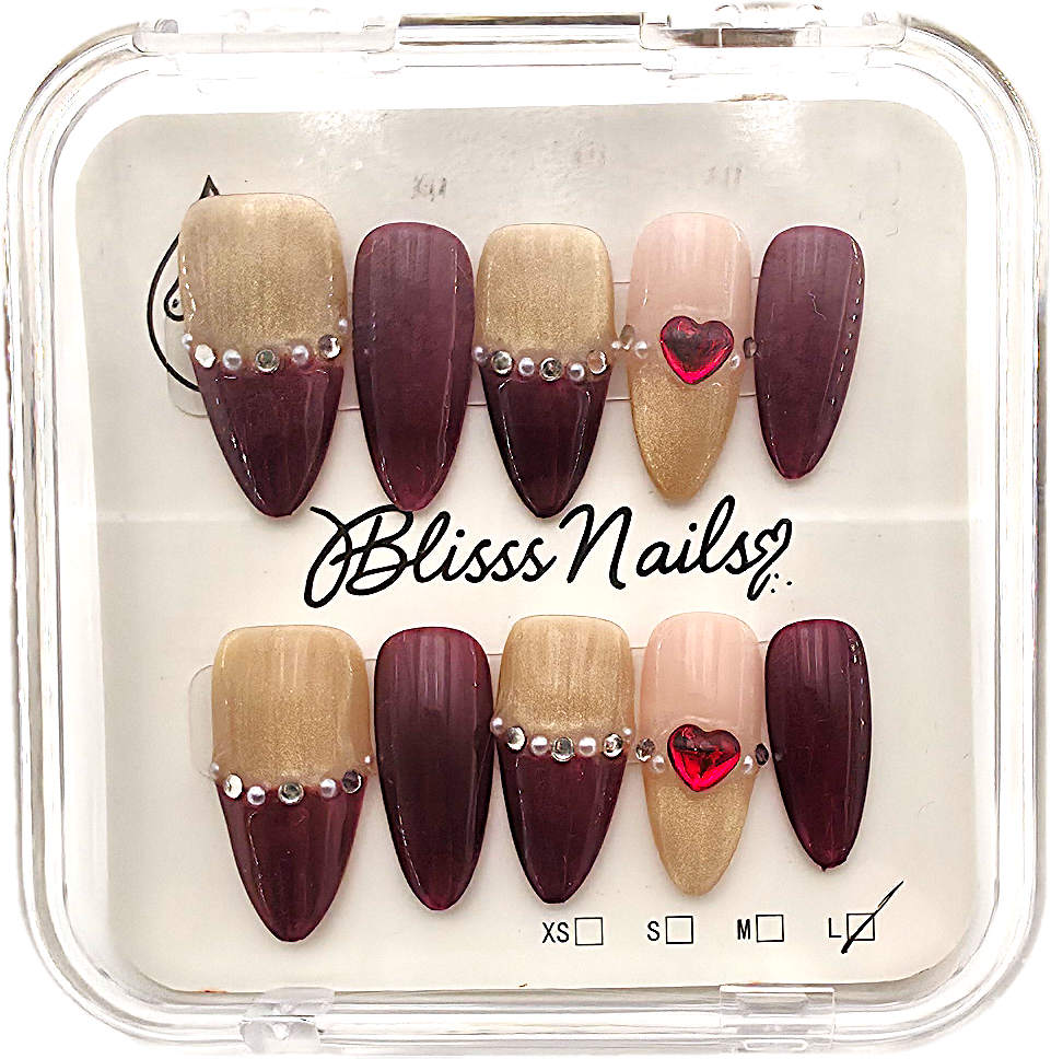 Blisss Nails Handmade Burgundy & Gold With Cat Eye Effect Heart Rhinestone Press On Nails – Long Almond Reusable Artificial Fake Nails with Pearl Crystal Nail Art | Premium Valentine Glam 10 pc Nails Set