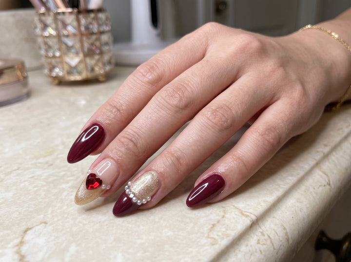 Blisss Nails Handmade Burgundy & Gold With Cat Eye Effect Heart Rhinestone Press On Nails – Long Almond Reusable Artificial Fake Nails with Pearl Crystal Nail Art | Premium Valentine Glam 10 pc Nails Set