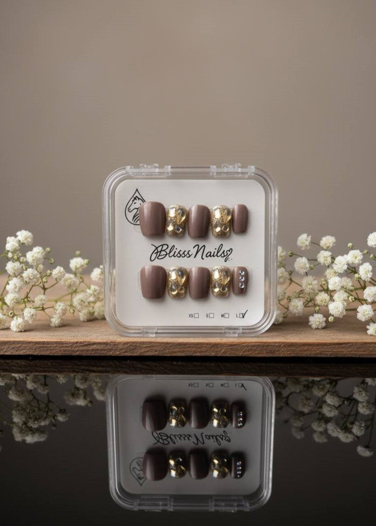 Blisss Nails Handmade Brown With Cat Eye Effect Gold Crystal Press On Nails – Short Square Reusable Artificial Fake Nails with Glitter Rhinestones | Premium Luxury Nail Art 10 pc Nails Set
