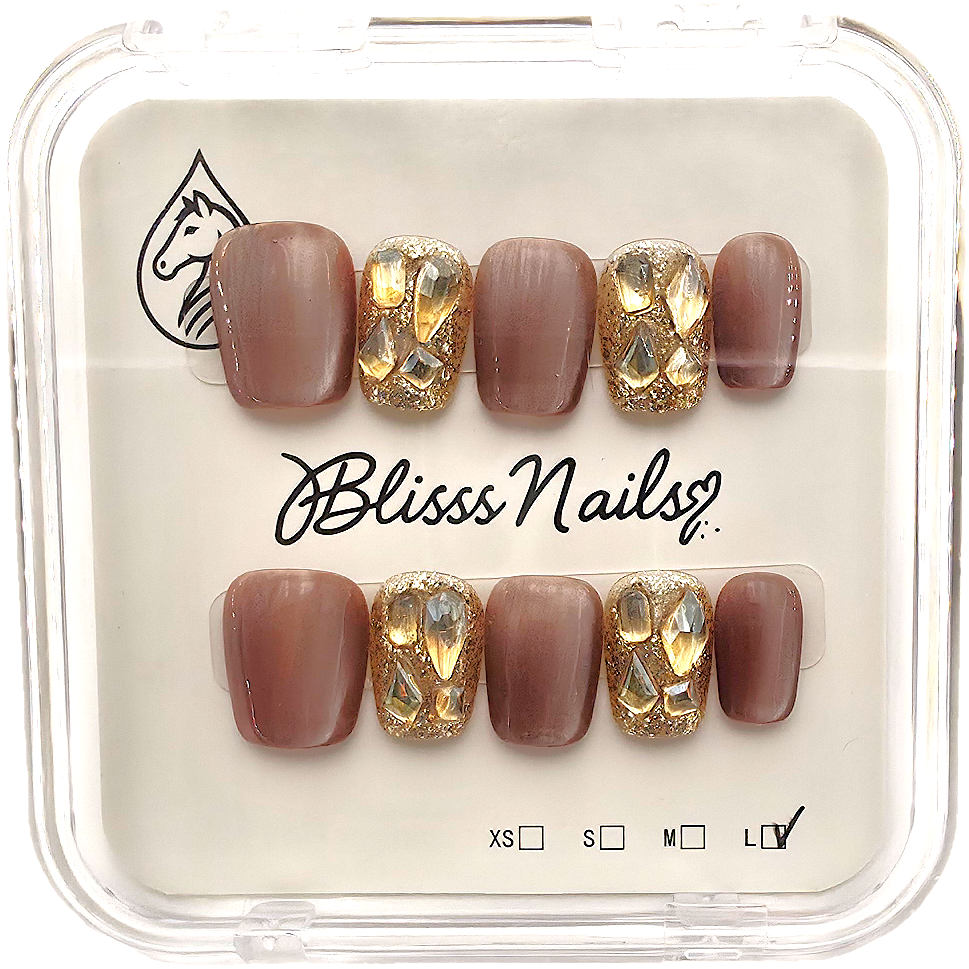 Blisss Nails Handmade Brown With Cat Eye Effect Gold Crystal Press On Nails – Short Square Reusable Artificial Fake Nails with Glitter Rhinestones | Premium Luxury Nail Art 10 pc Nails Set