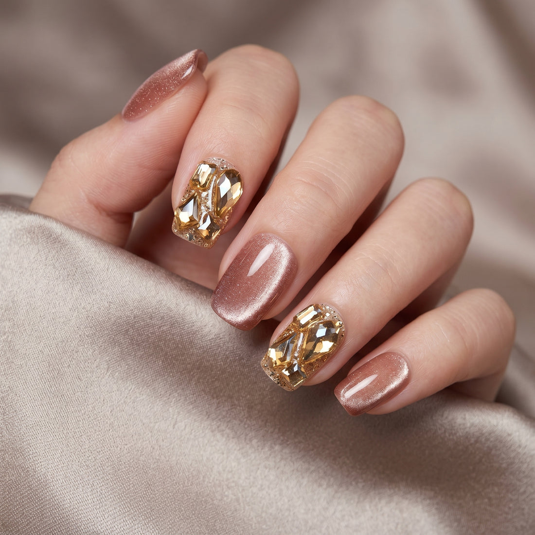 Blisss Nails Handmade Brown With Cat Eye Effect Gold Crystal Press On Nails – Short Square Reusable Artificial Fake Nails with Glitter Rhinestones | Premium Luxury Nail Art 10 pc Nails Set