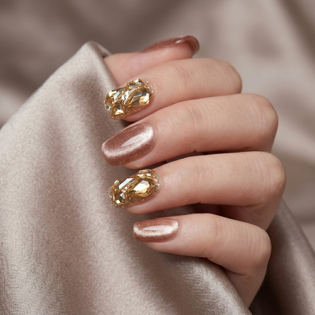 Blisss Nails Handmade Brown With Cat Eye Effect Gold Crystal Press On Nails – Short Square Reusable Artificial Fake Nails with Glitter Rhinestones | Premium Luxury Nail Art 10 pc Nails Set