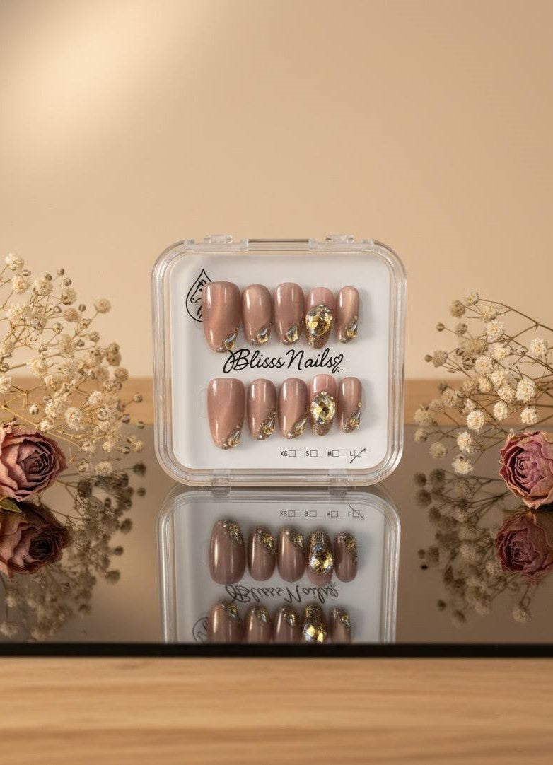 Blisss Nails Handmade Pink Peach Gold Crystal Press On Nails Medium Almond Reusable Artificial Fake Nails with Rhinestones & Glitter Accent | Premium Luxury Nail Art 10 pc Nails Set