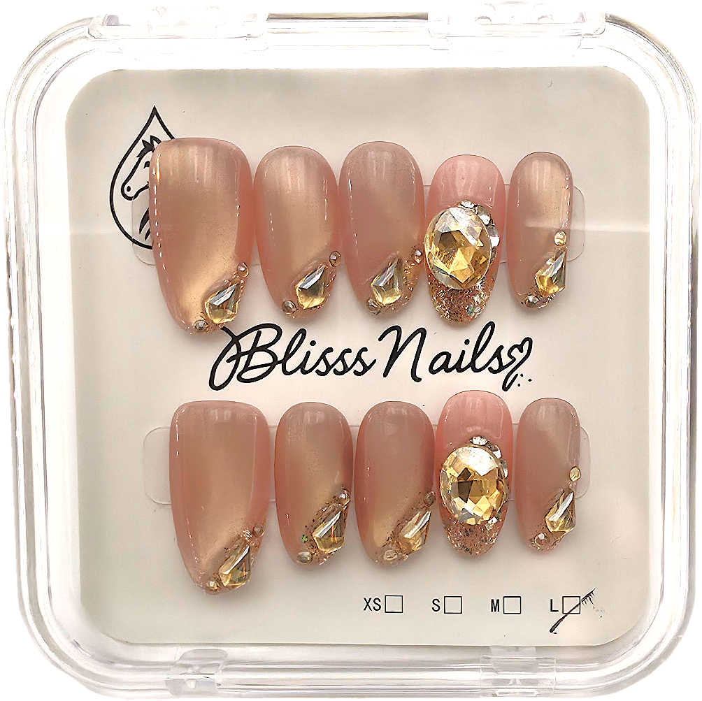 Blisss Nails Handmade Pink Peach Gold Crystal Press On Nails Medium Almond Reusable Artificial Fake Nails with Rhinestones & Glitter Accent | Premium Luxury Nail Art 10 pc Nails Set