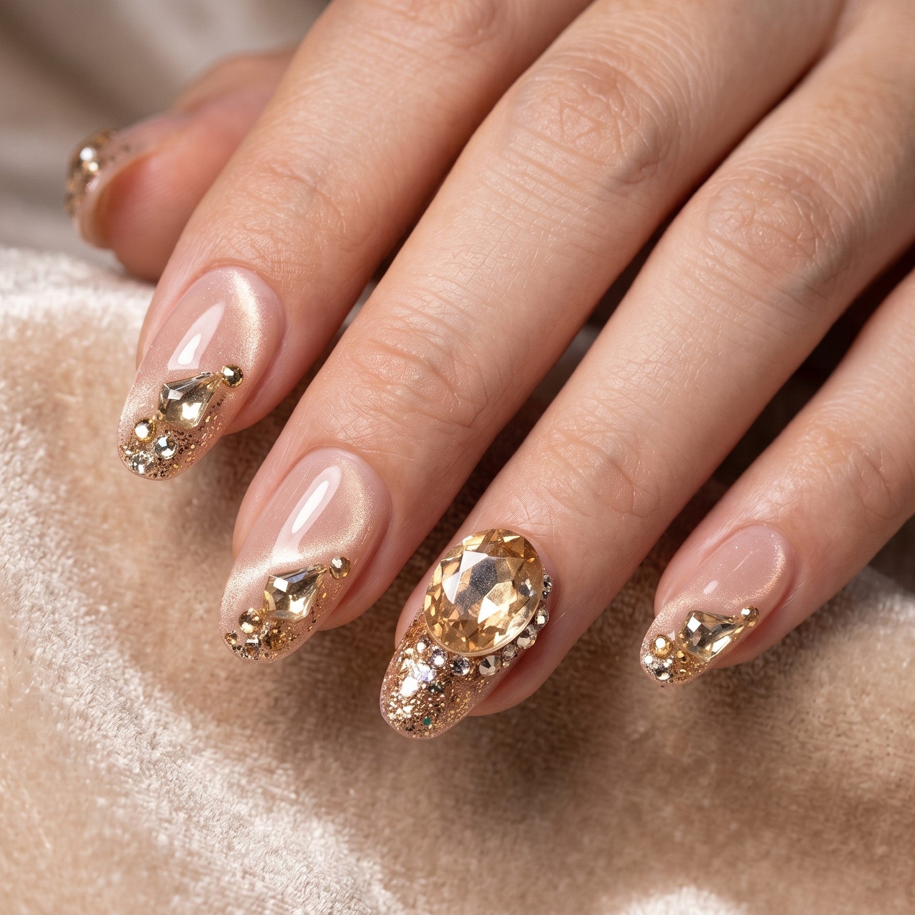 Blisss Nails Handmade Pink Peach Gold Crystal Press On Nails Medium Almond Reusable Artificial Fake Nails with Rhinestones & Glitter Accent | Premium Luxury Nail Art 10 pc Nails Set