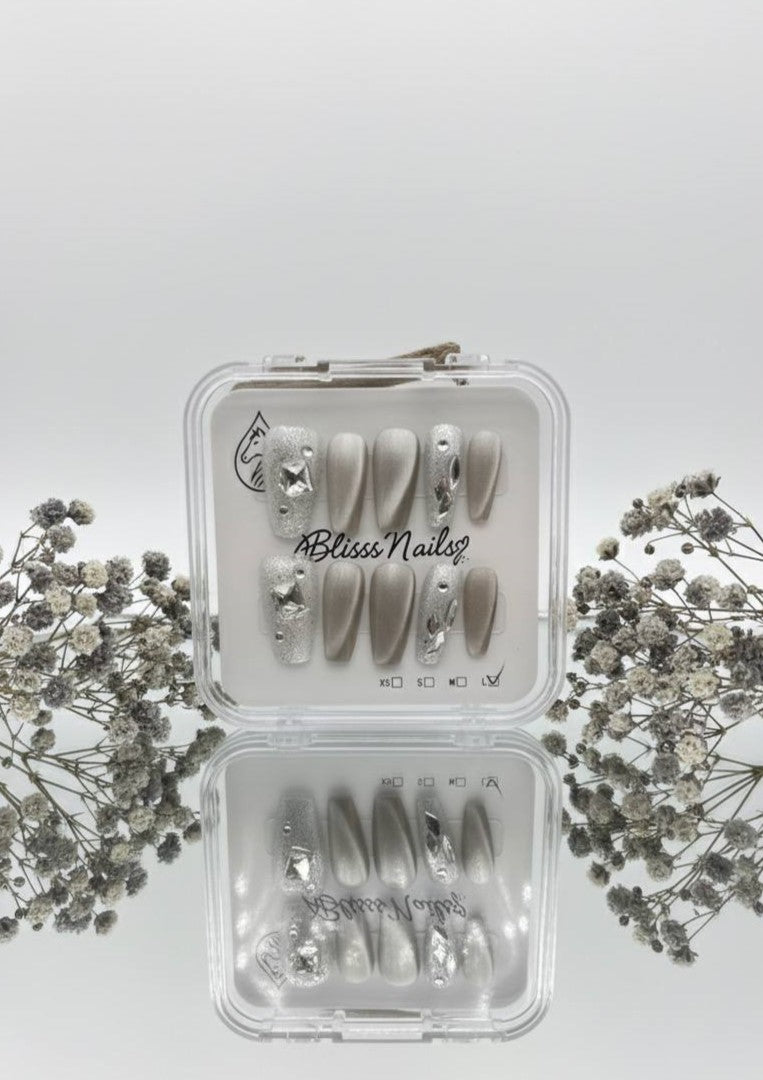 Blisss Nails Handmade Champagne Gold Silver Crystal Press On Nails – Long Coffin Reusable Artificial Fake Nails with Glitter Rhinestones | Premium Luxury Nail Art 10 pc Nails Set