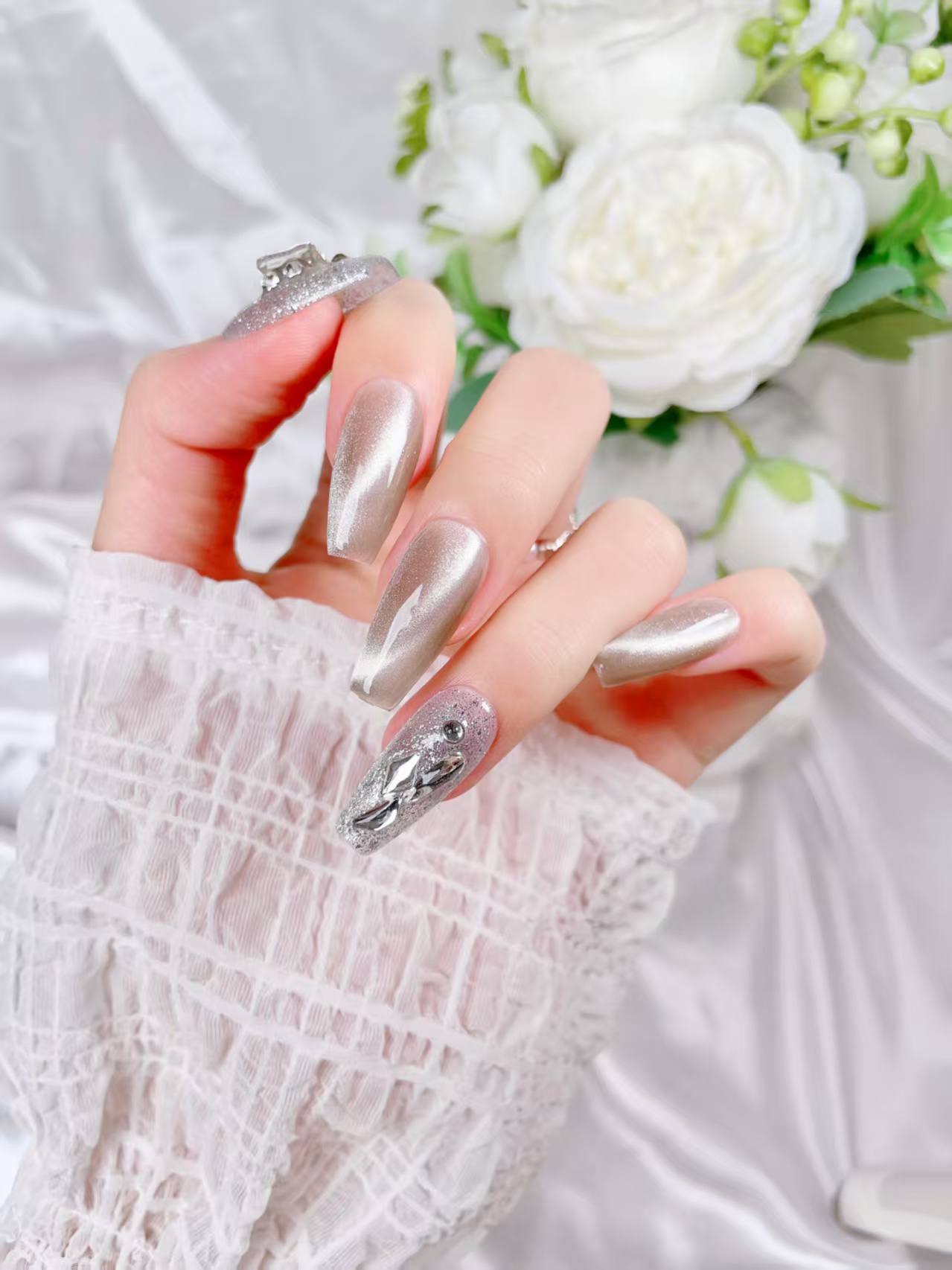 Blisss Nails Handmade Champagne Gold Silver Crystal Press On Nails – Long Coffin Reusable Artificial Fake Nails with Glitter Rhinestones | Premium Luxury Nail Art 10 pc Nails Set