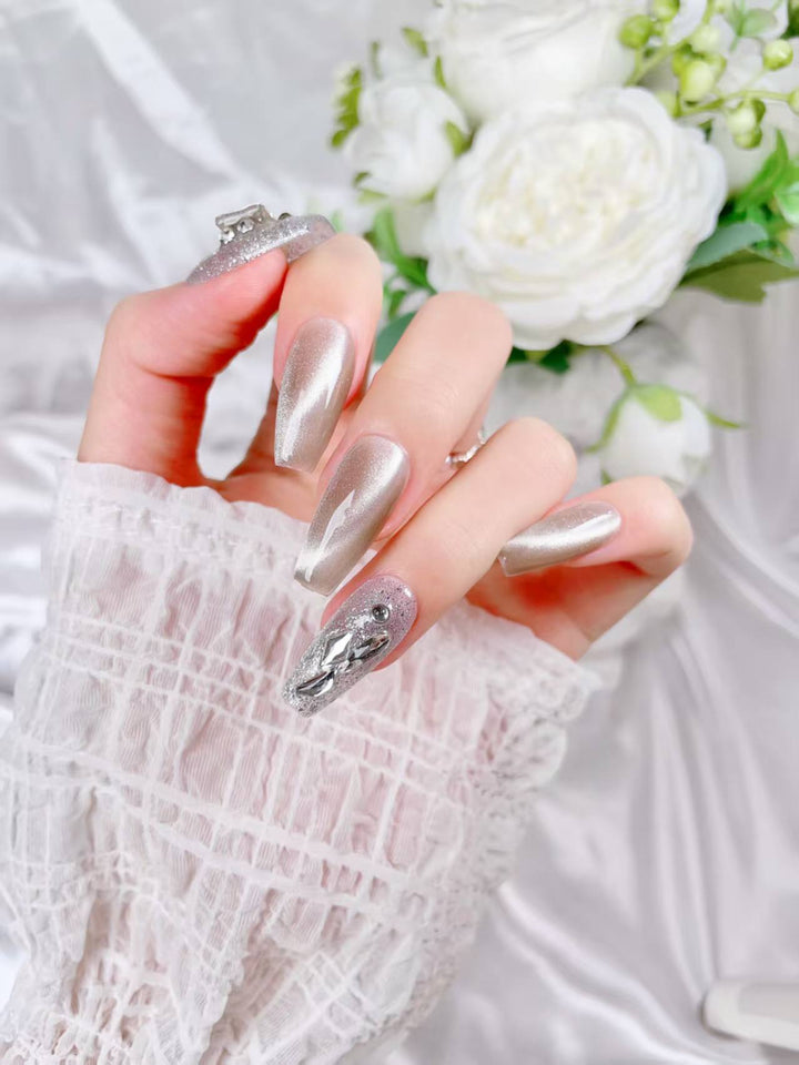 Blisss Nails Handmade Champagne Gold Silver Crystal Press On Nails – Long Coffin Reusable Artificial Fake Nails with Glitter Rhinestones | Premium Luxury Nail Art 10 pc Nails Set