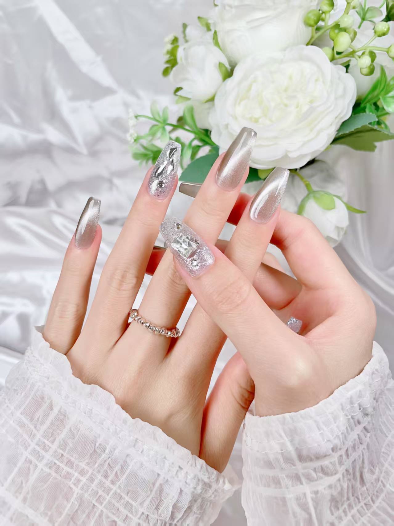 Blisss Nails Handmade Champagne Gold Silver Crystal Press On Nails – Long Coffin Reusable Artificial Fake Nails with Glitter Rhinestones | Premium Luxury Nail Art 10 pc Nails Set