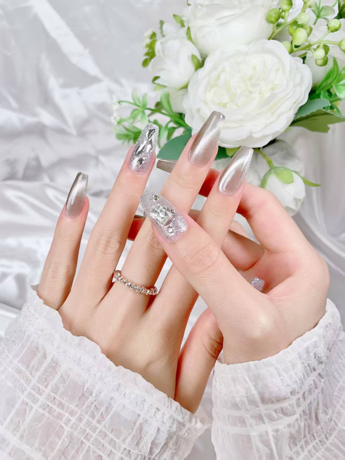 Blisss Nails Handmade Champagne Gold Silver Crystal Press On Nails – Long Coffin Reusable Artificial Fake Nails with Glitter Rhinestones | Premium Luxury Nail Art 10 pc Nails Set