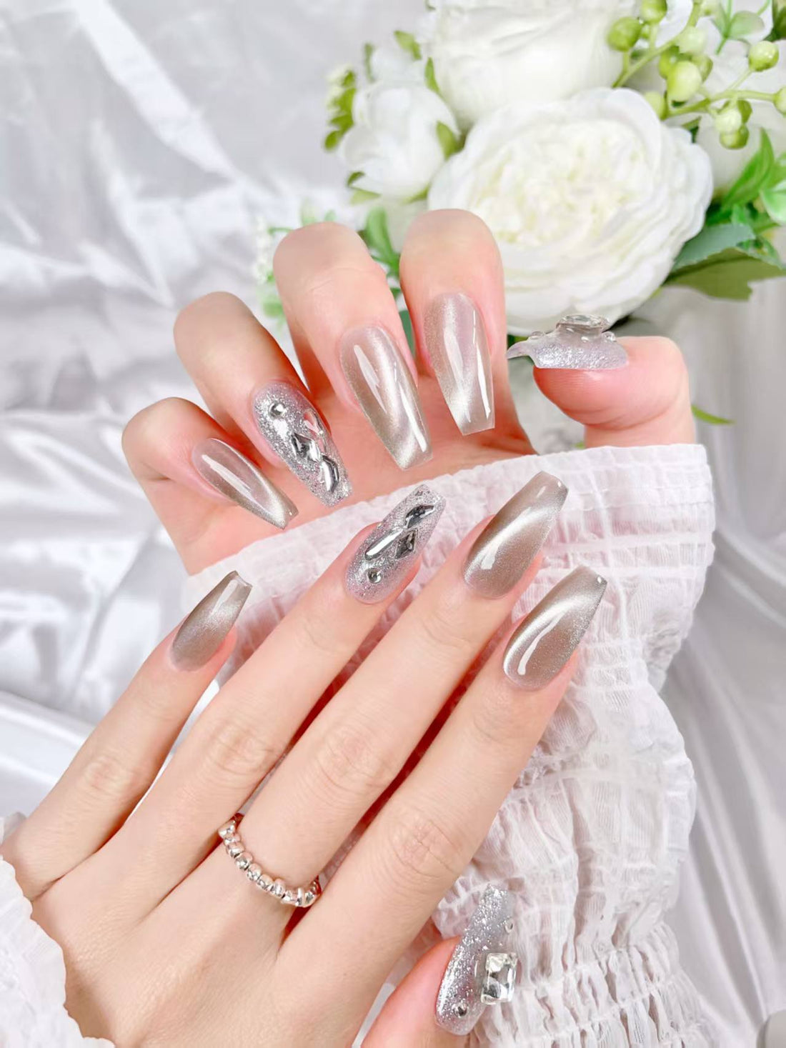 Blisss Nails Handmade Champagne Gold Silver Crystal Press On Nails – Long Coffin Reusable Artificial Fake Nails with Glitter Rhinestones | Premium Luxury Nail Art 10 pc Nails Set
