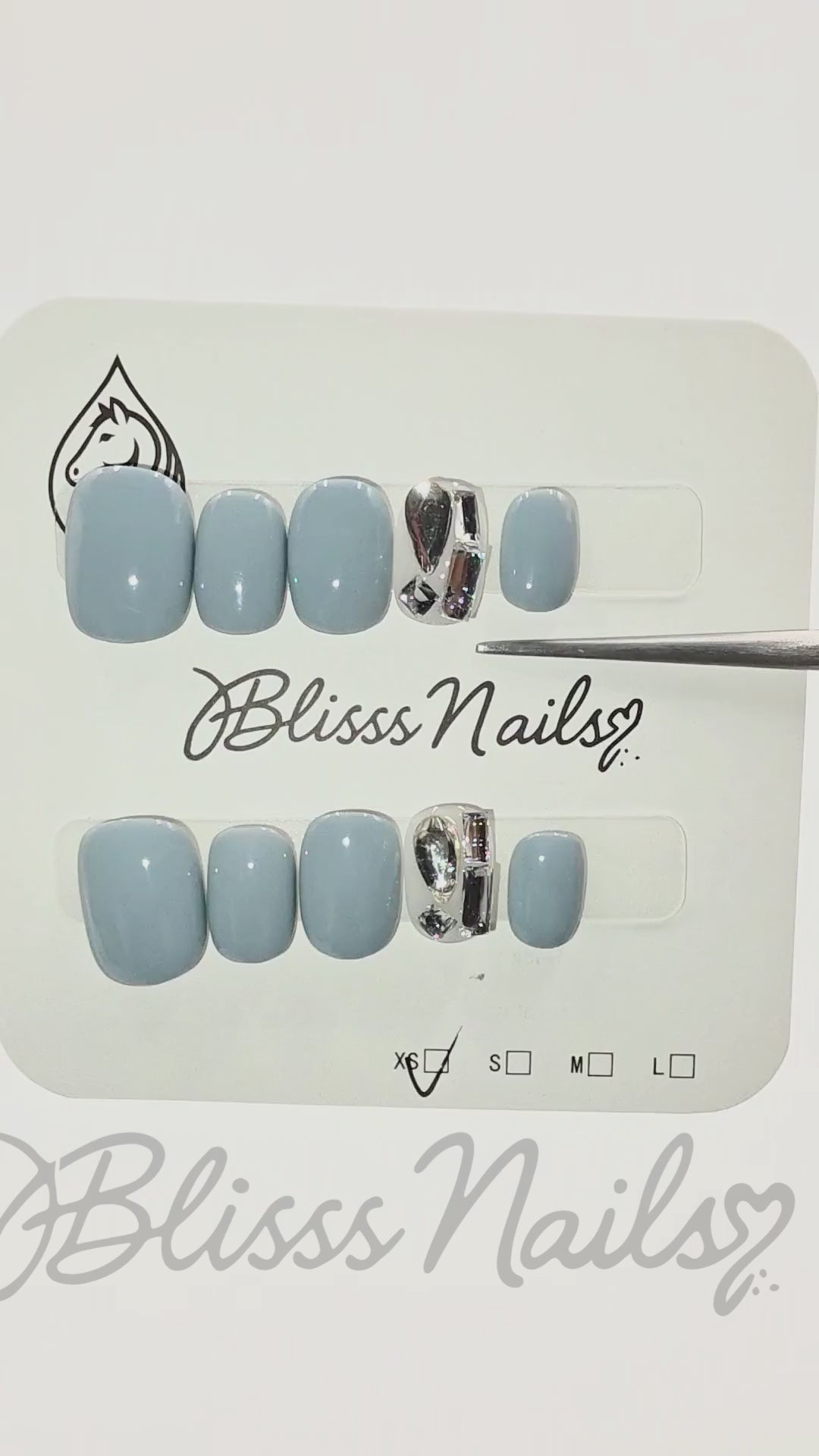 Blisss Nails Handmade Grey Press On Nails – Short Square Reusable Artificial Fake Nails with Chrome Crystal Accent | Premium Minimal Luxury Nail Art 10 pc Nails Set