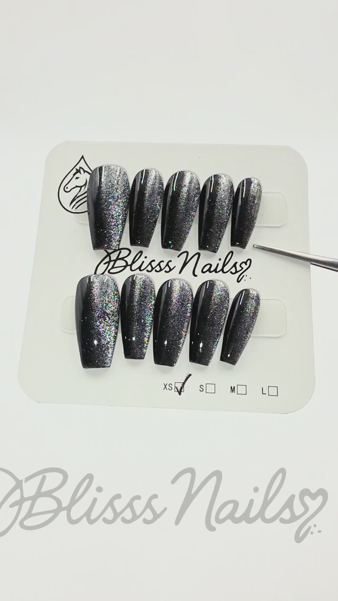 Blisss Nails Handmade Black Glitter with Cat Eye Effect Press On Nails – Long Coffin Reusable Artificial Fake Nails | Premium Metallic Shimmer Salon Nail Art 10 pc Nail Set