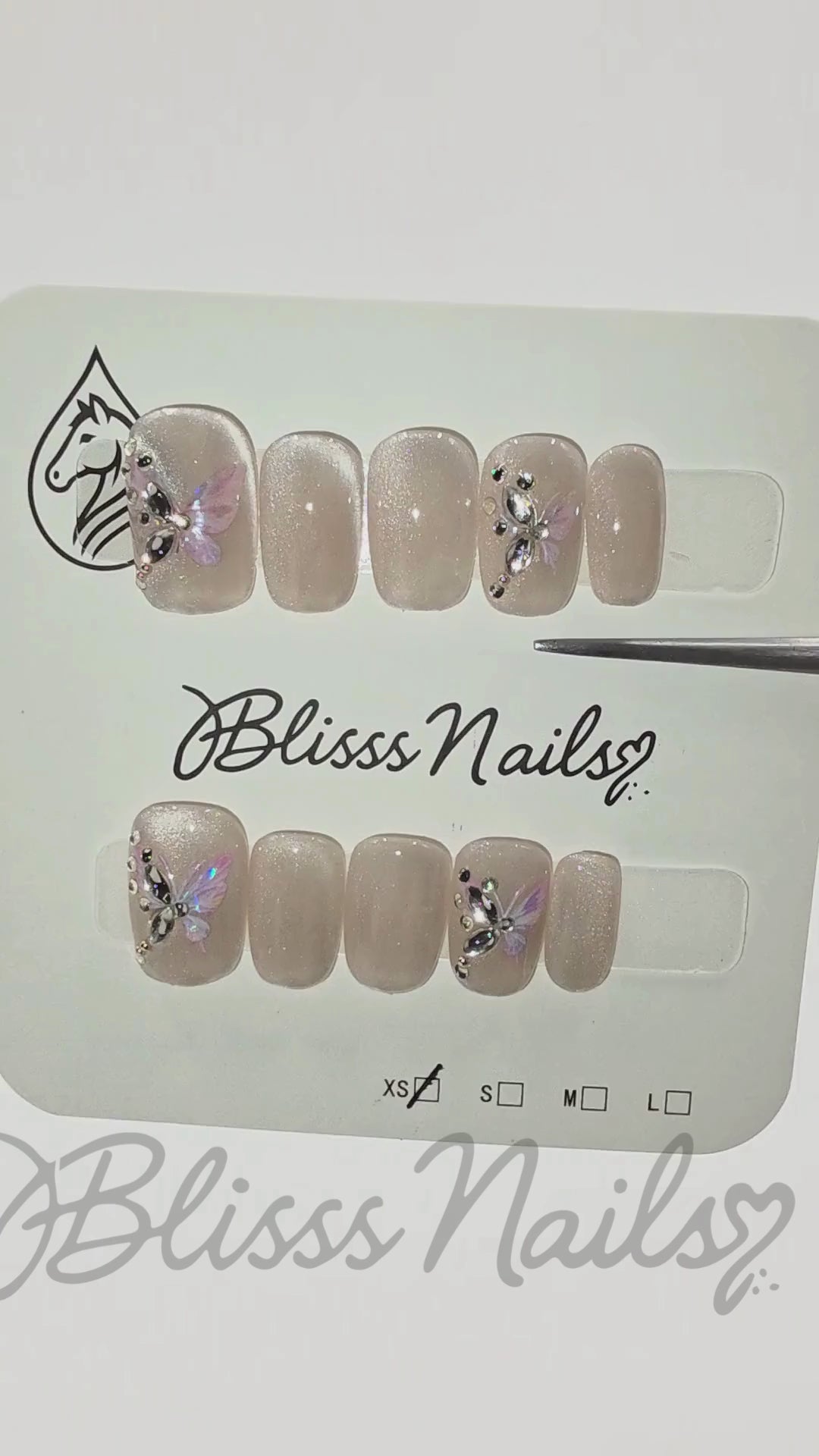 Blisss Nails Handmade Pearl Nude  with Cat Eye Effect Butterfly Press On Nails – Short Square Reusable Artificial Fake Nails with Crystal Rhinestones | Premium Elegant Nail Art 10 pc Nail Set