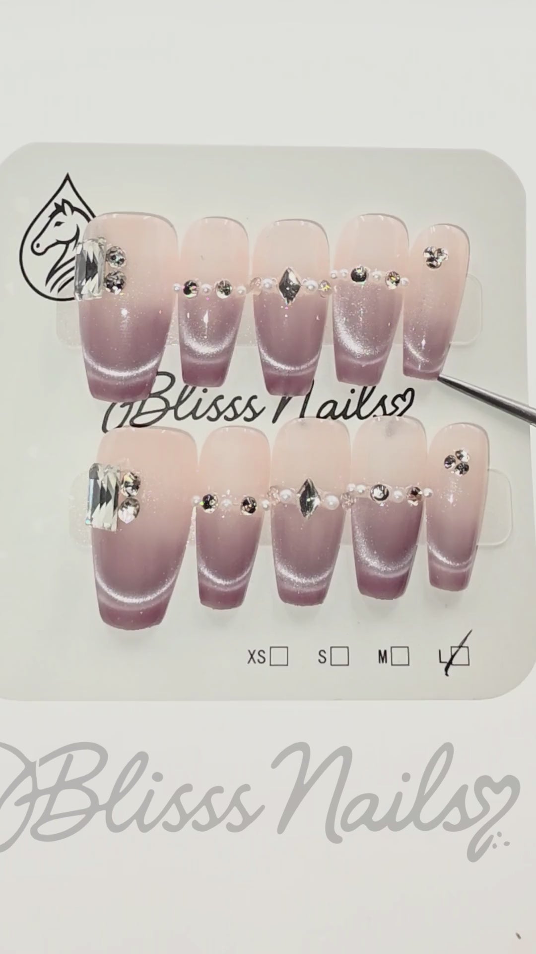 Blisss Nails Handmade Nude Ombre Press On Nails with Cat Eye Effect – Long Coffin Reusable Artificial Fake Nails with Rhinestones & Pearl Chain Design | Premium Salon Finish 10 pc nail Set
