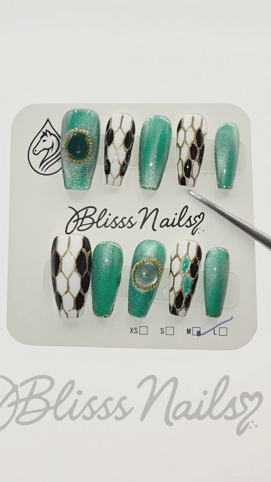 Blisss Nails Press on Nails Green, Black, White - Geometric Pattern. Coffin Shape Nail With Cat Eye Effect