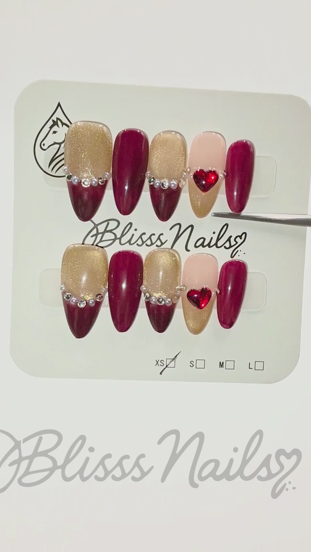 Blisss Nails Handmade Burgundy & Gold With Cat Eye Effect Heart Rhinestone Press On Nails – Long Almond Reusable Artificial Fake Nails with Pearl Crystal Nail Art | Premium Valentine Glam 10 pc Nails Set