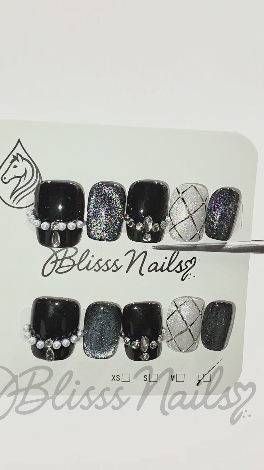 Blisss Nails Premium Handmade Black Glitter Fake Nails – Short Square Artificial Reusable Press On Nails with Rhinestones, Pearl Chain & Silver Pattern with Cat eye Effect Design | Luxury Salon Finish 10 pc Nail Set