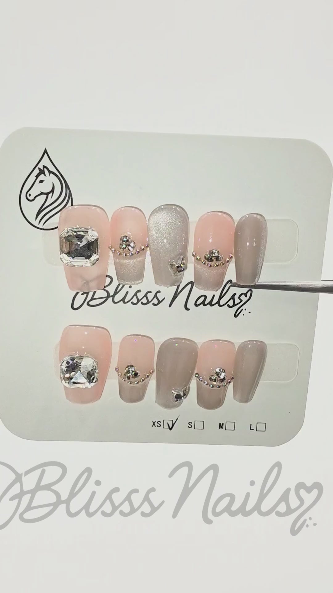 Blisss Nails Handmade Nude Grey Pink with Cat Eye Effect Press On Nails – Medium Coffin Reusable Artificial Fake Nails with Crystal Rhinestones & Ombre Design | Premium Salon Finish 10 pc Nail Set