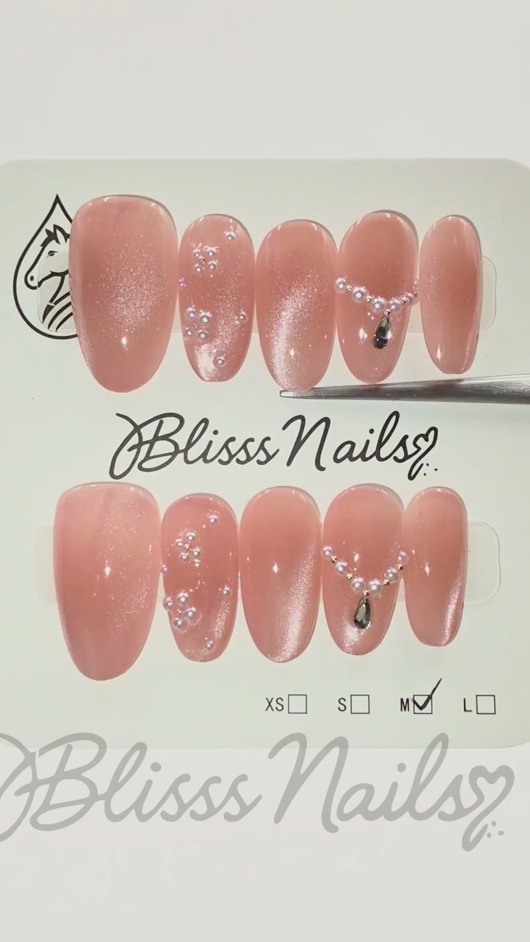 Blisss Nails Premium Handmade Dusty Rose Fake Nails – Medium Almond Artificial Reusable Press On Nails with Pearl Necklace Design & Rhinestone Charm | Elegant Salon Finish 10 pc Nails set