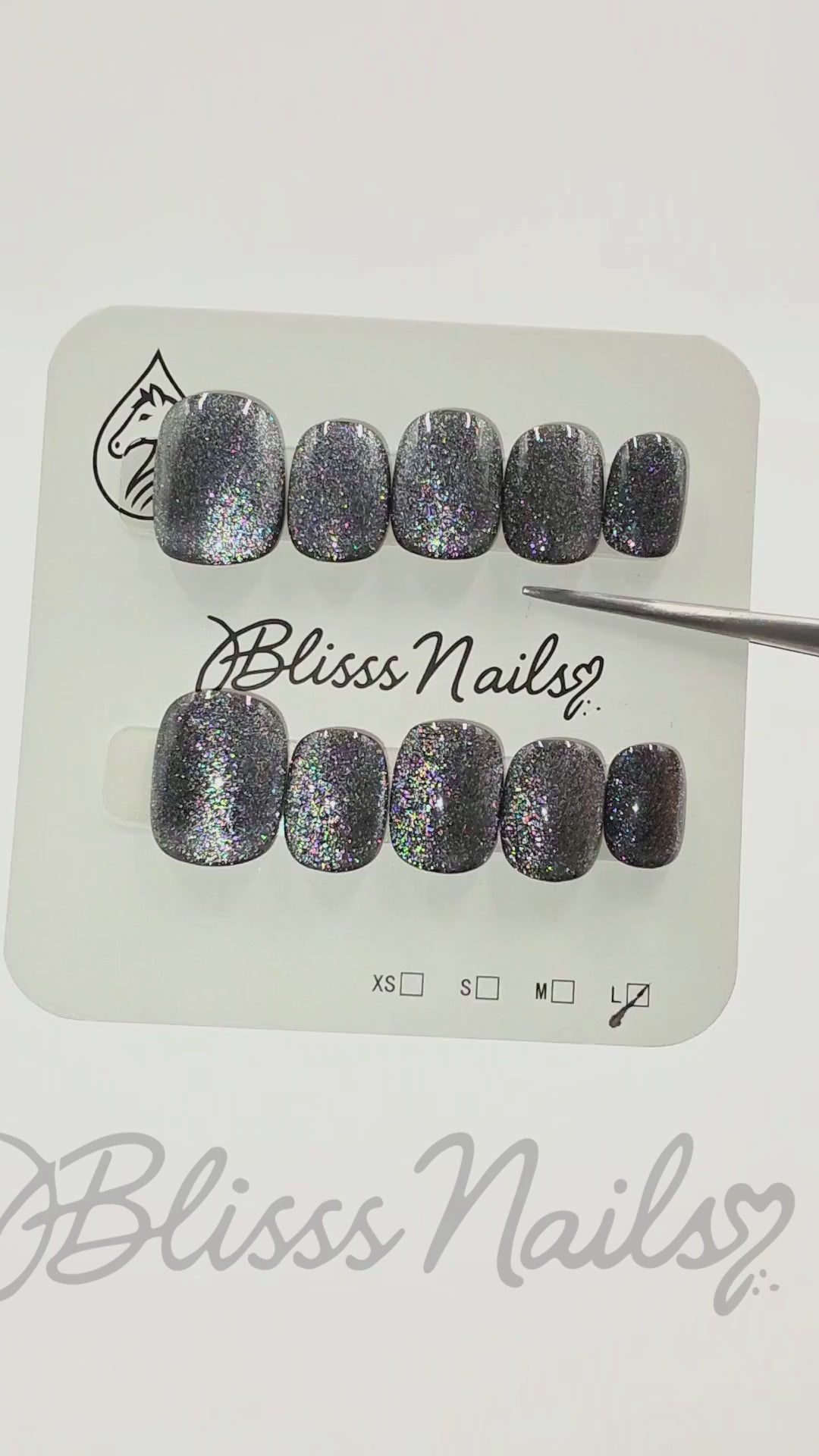 Blisss Nails Handmade Premium Press On Nails – Grey Smoky Graphite Stardust Cat Eye Magnetic Effect, Reusable Artificial Nails, Short Square Round Shape, Luxury Shimmer Finish Salon-Quality False Nails 10 Pcs Nail Set