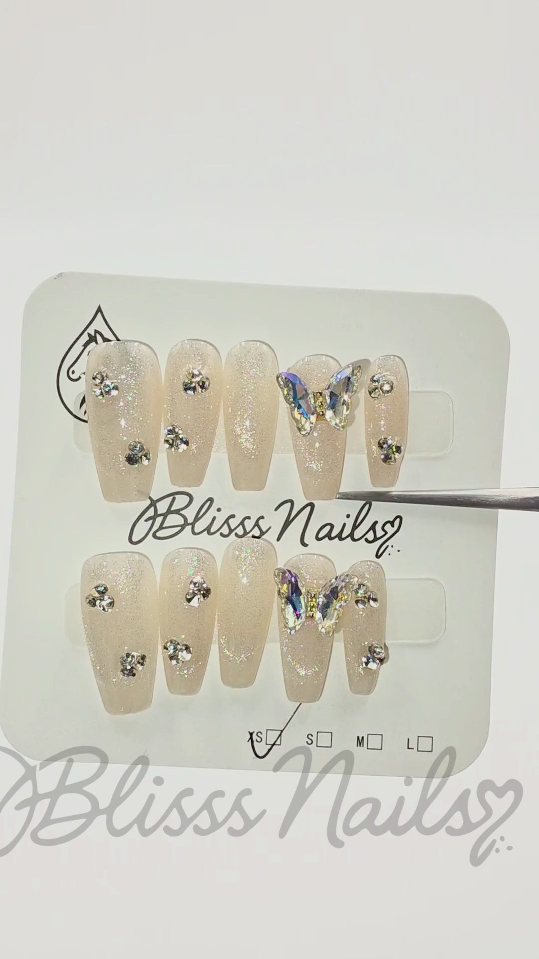 Blisss Nails Handmade with  Cat Eye Effect Pearl White Butterfly Press On Nails – Long Coffin Reusable Artificial Fake Nails with Crystal Rhinestones | Premium Luxury Nail Art 10 Pc Nails Set
