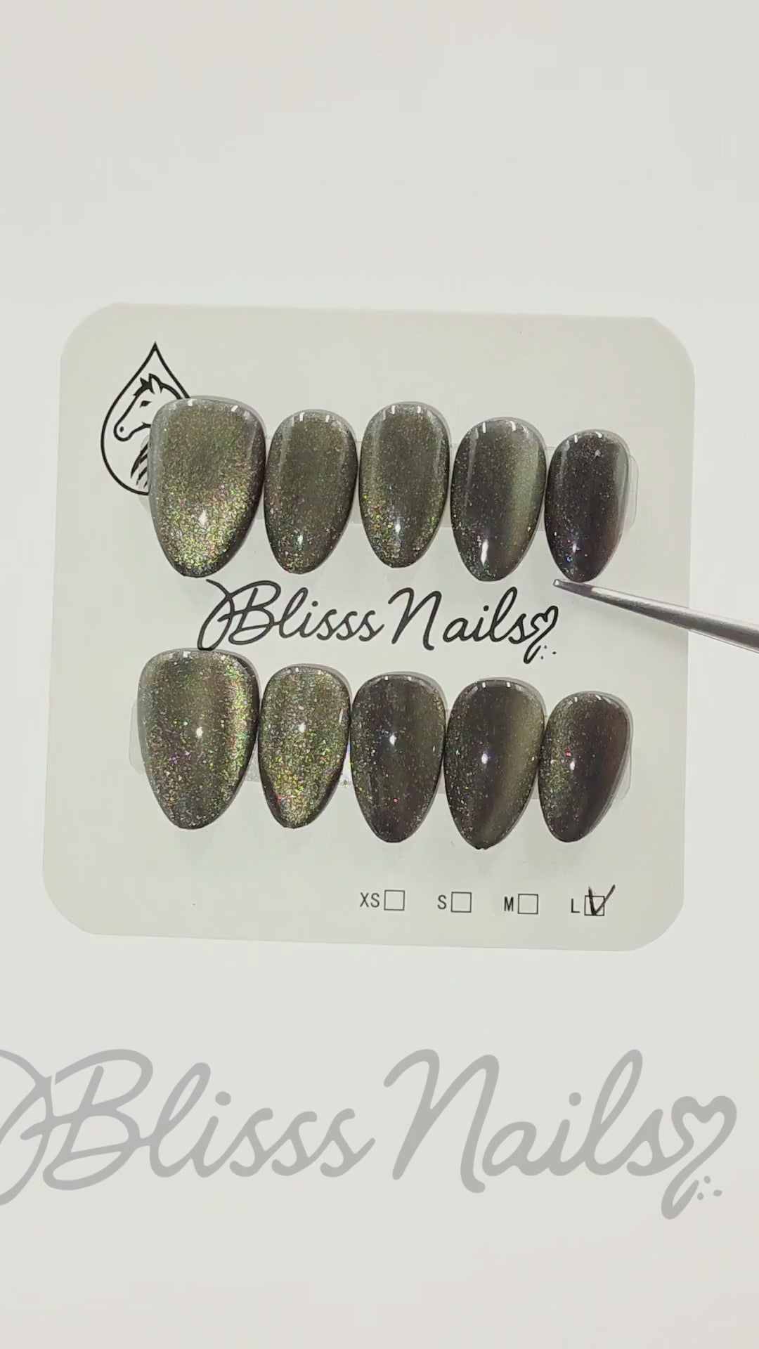 Blisss Nails Handmade Premium Press On Nails - Deep Forest Dark Green Jade Cat Eye Magnetic Effect, Reusable Artificial Nails, Short Almond Stiletto Shape, Luxury Velvet Finish Salon-Quality False Nails 10 Pcs Nail Set