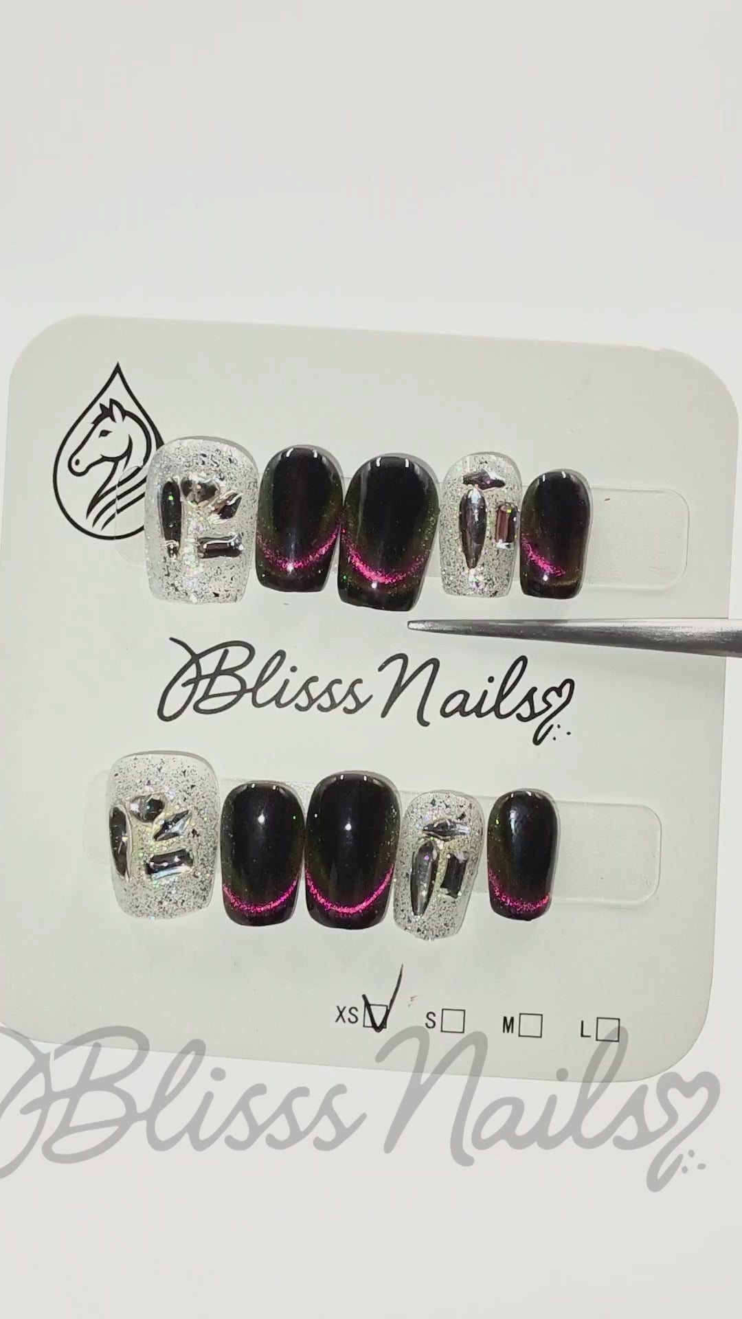 Blisss Nails Handmade Black Ombre with Cat Smile Press On Nails – Short Square Reusable Artificial Fake Nails with Silver Glitter & Chrome Accents | Premium Luxury Nail Art 10 pc Nail Set