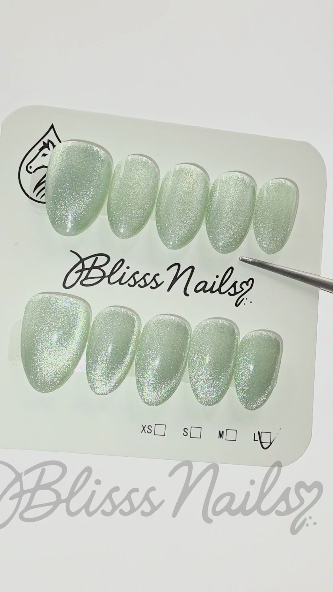 Blisss Nails Handmade Premium Press On Nails - Frosted Pistachio Green Cat Eye Magnetic Effect, Reusable Artificial Nails, Short Almond Stiletto Shape, Luxury Shimmer Finish Salon-Quality Fake Nails 10 Pcs Nail Set