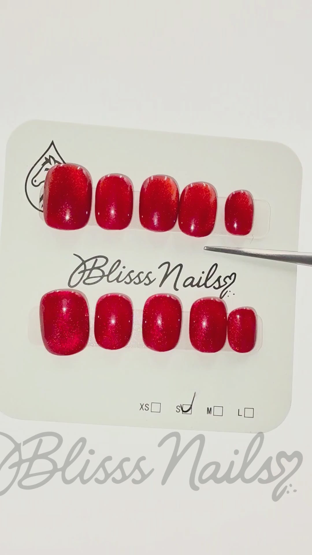 Blisss Nails Handmade Premium Press On Nails - Crimson Ruby Red Cat Eye Magnetic Effect, Reusable Artificial Nails, Short Square Round Shape, Luxury Shimmer Finish Salon-Quality Fake Nails 10 Pcs Nail Set