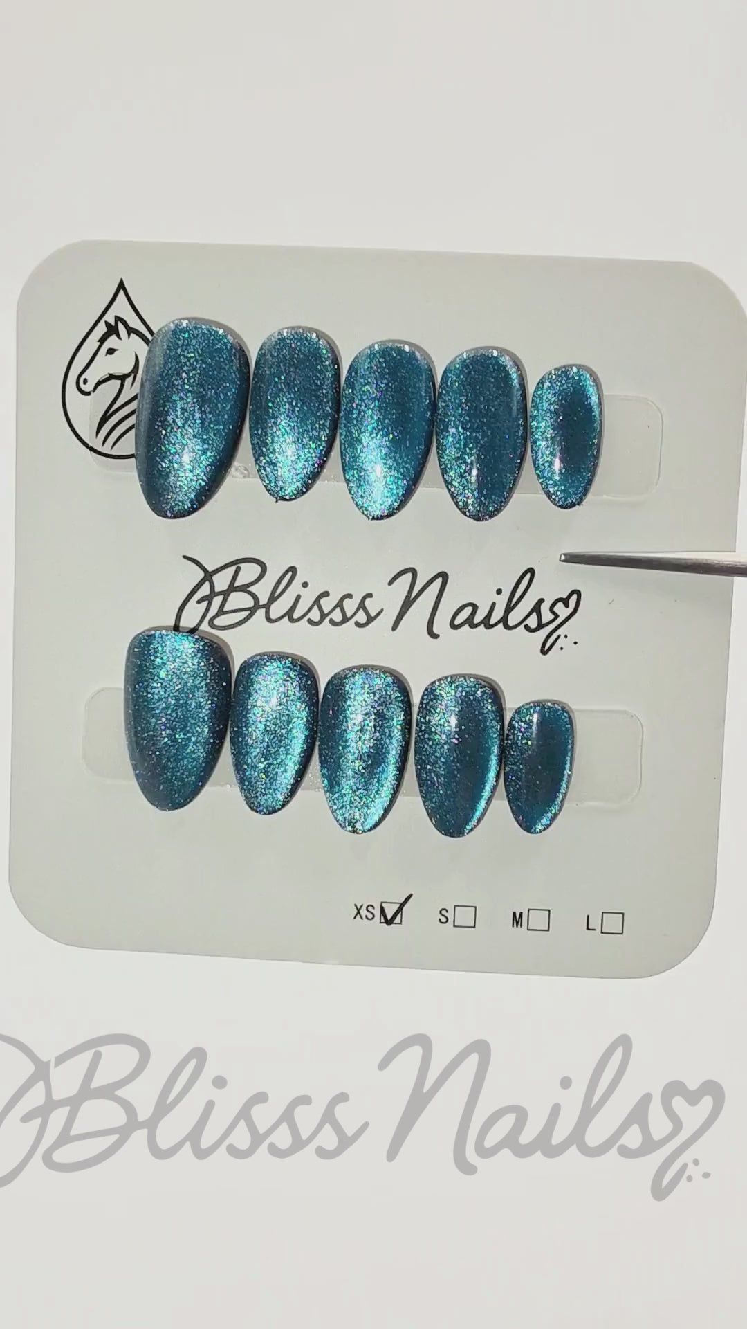 Blisss Nails Handmade Premium Press On Nails - Galactic Steel Blue Cat Eye Magnetic Effect, Reusable Artificial Nails, Short Almond Stiletto Shape, Luxury Shimmer Finish Salon-Quality 10 Pcs Nail Set