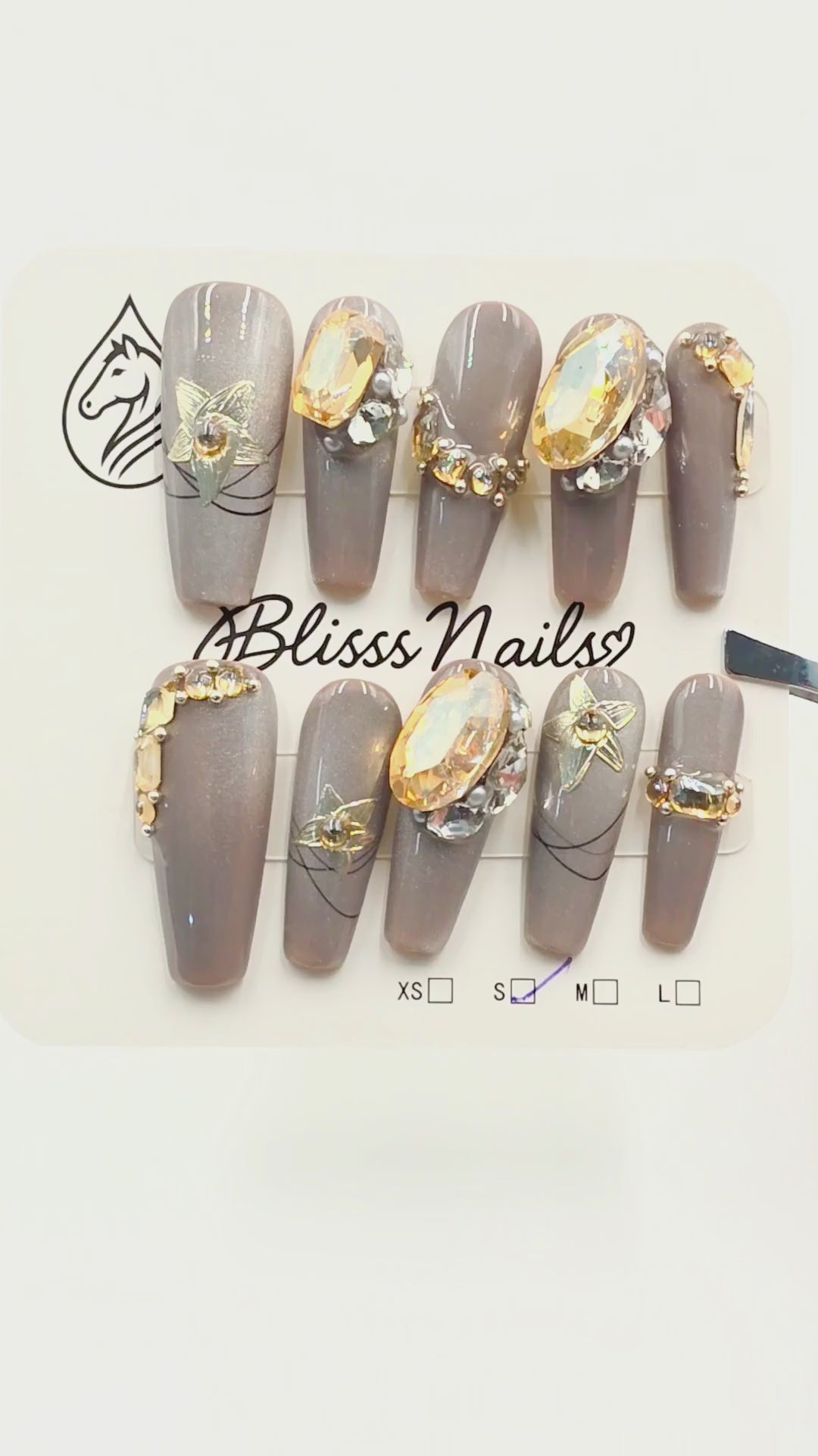 Blisss Nails Premium Handmade Ash/Grey Fake Nails with Cat Eye Effect– Long Coffin Artificial Reusable Press On Nails with Crystal Rhinestones for Women | Luxury Salon Finish  10 Pcs Nail Set
