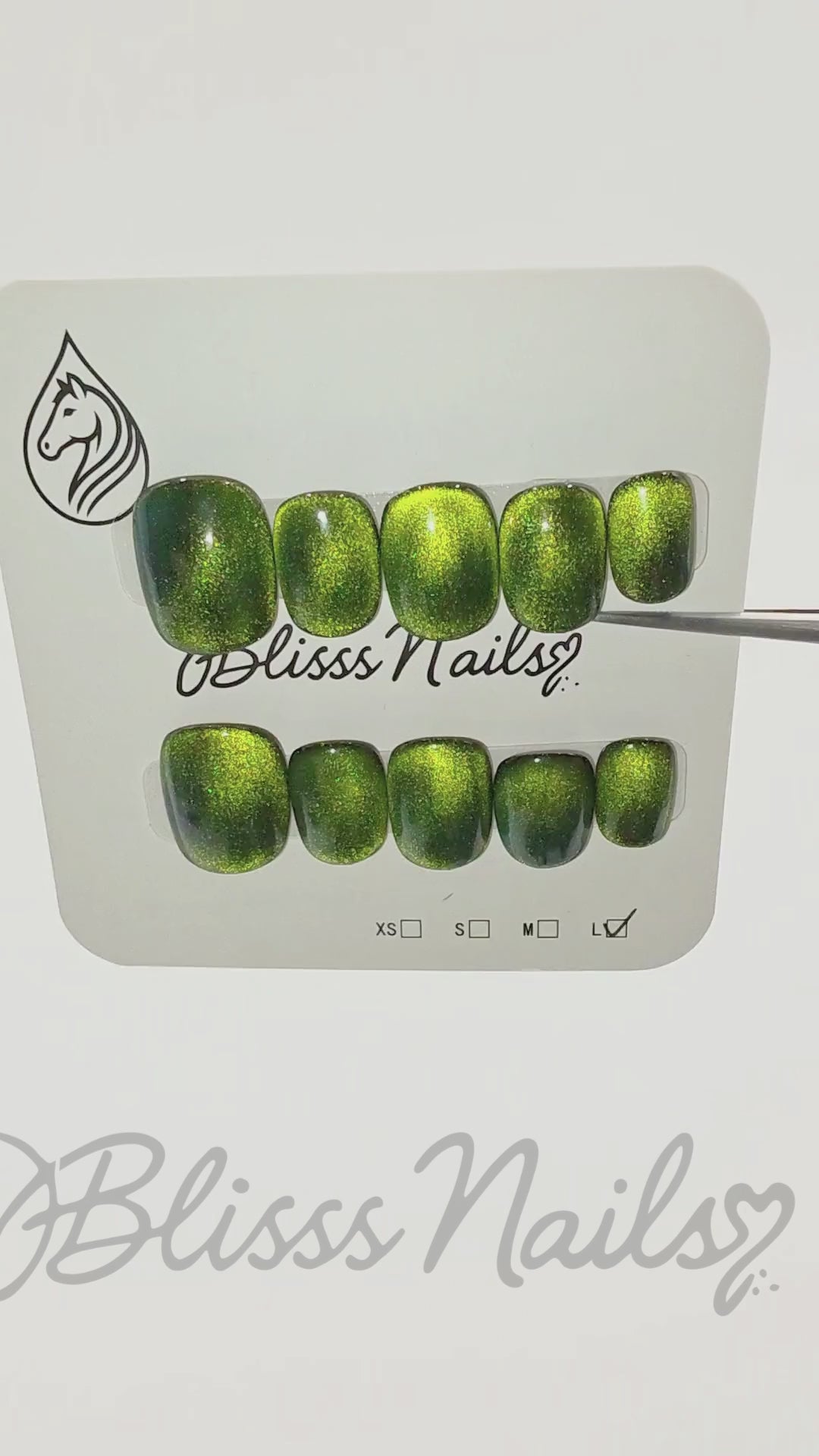 Blisss Nails Handmade Premium Press On Nails - Dark Forest Green Cat Eye Magnetic Effect, Reusable Artificial Nails, Short Square Round Shape, Luxury Glossy Finish Salon-Quality 10 Pcs Nail Set