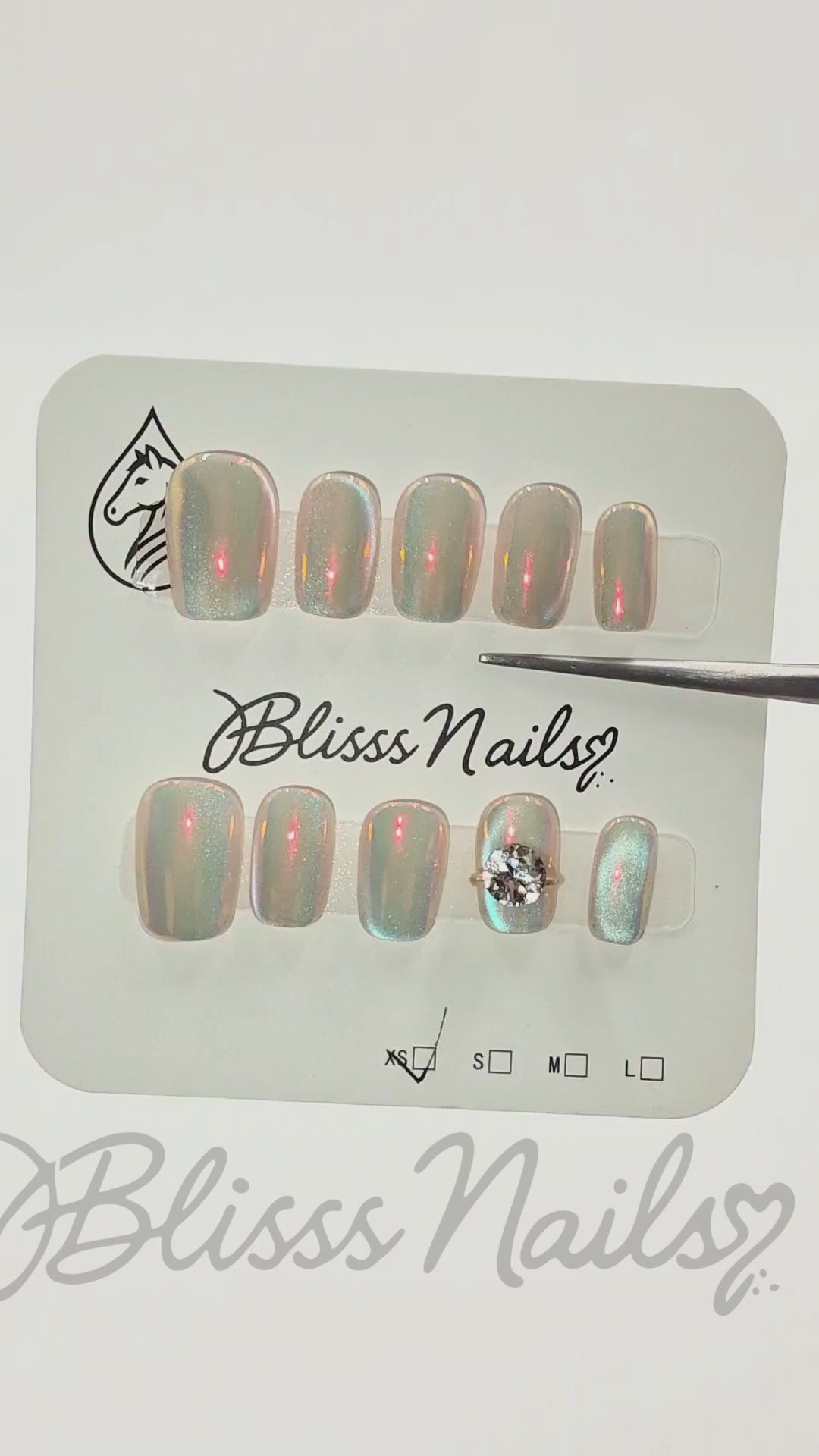Blisss Nails Handmade Pearl Chrome Press On Nails – Short Square Reusable Artificial Fake Nails with Crystal Accent | Premium Glossy Nail Art 10 pc Nails Set