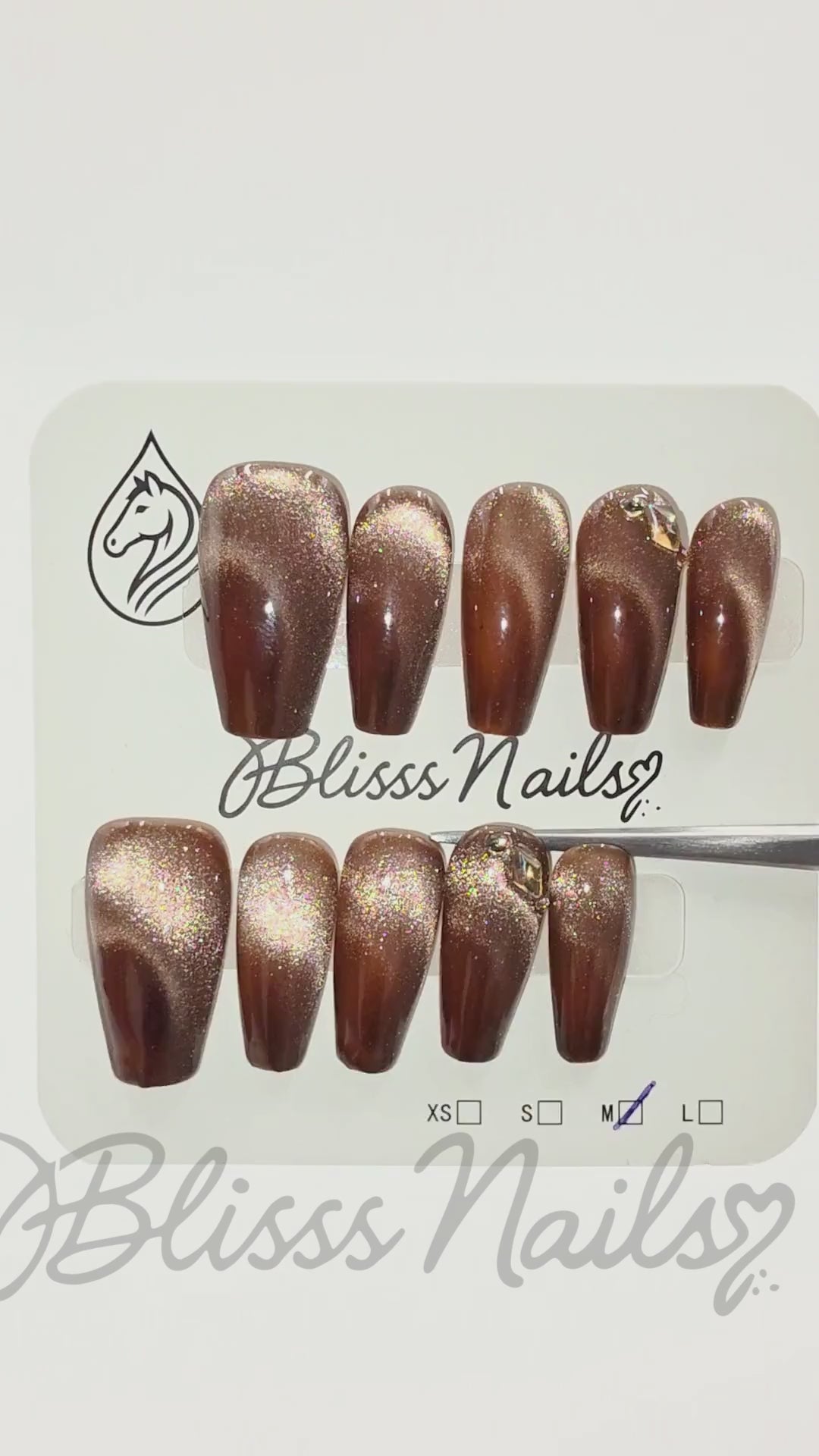 Blisss Nails Premium Handmade Brown Ombre with Cat Eye Effect Fake Nails – Long Coffin Artificial Reusable Press On Nails with Gold Accent | Shimmer Glossy Salon Finish for Women 10 pc Nail set