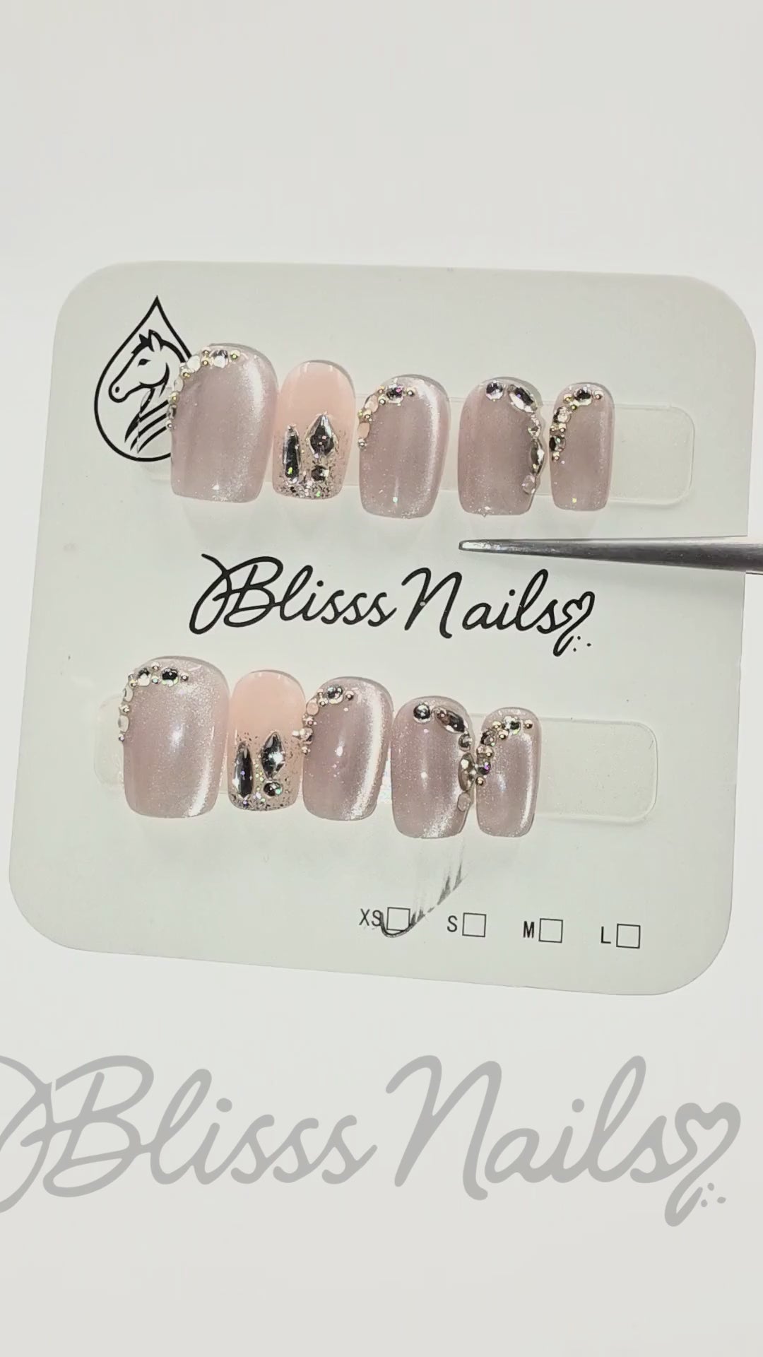 Blisss Nails Handmade Pink Nude with Cat Eye Effect & Taupe Rhinestone Press On Nails – Short Square Reusable Artificial Fake Nails with Glitter Accent | Premium Luxury Nail Art 10 pc Nail Set