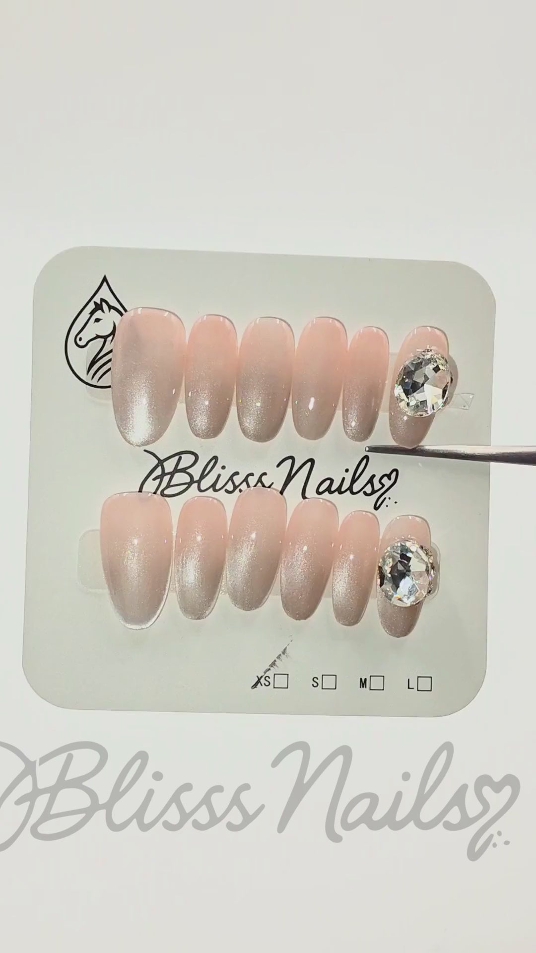Blisss Nails Handmade Nude Pink Grey Ombre with Cat Eye Effect Press On Nails – Long Almond Reusable Artificial Fake Nails with Crystal Accent | Premium Elegant Nail Art 10 pc Nails Set
