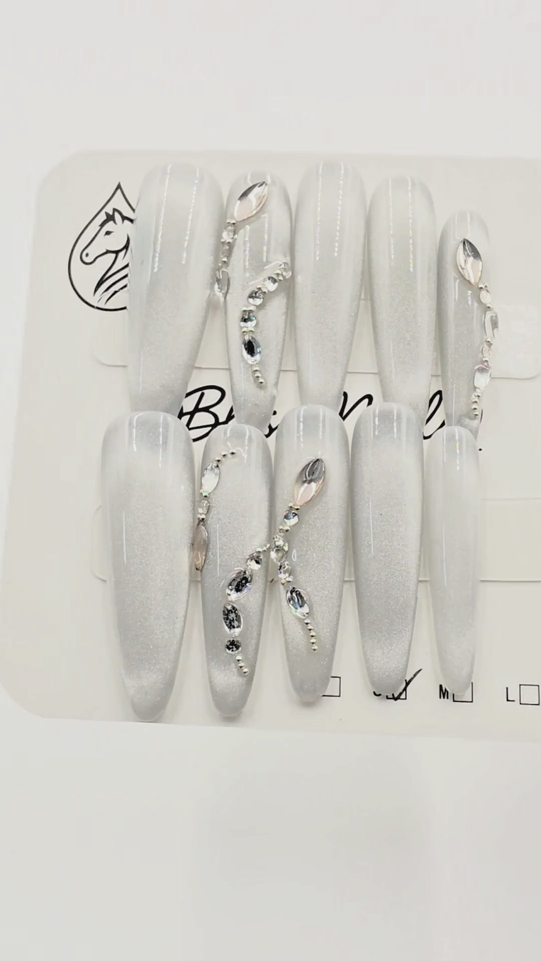 Blisss Nails Premium Handmade Silver Chrome Glossy Fake Nails with Cat Eye Effect – Long Coffin Artificial Reusable Press On Nails with Rhinestone Design for Women | Salon Finish  10 Pcs Nail Set