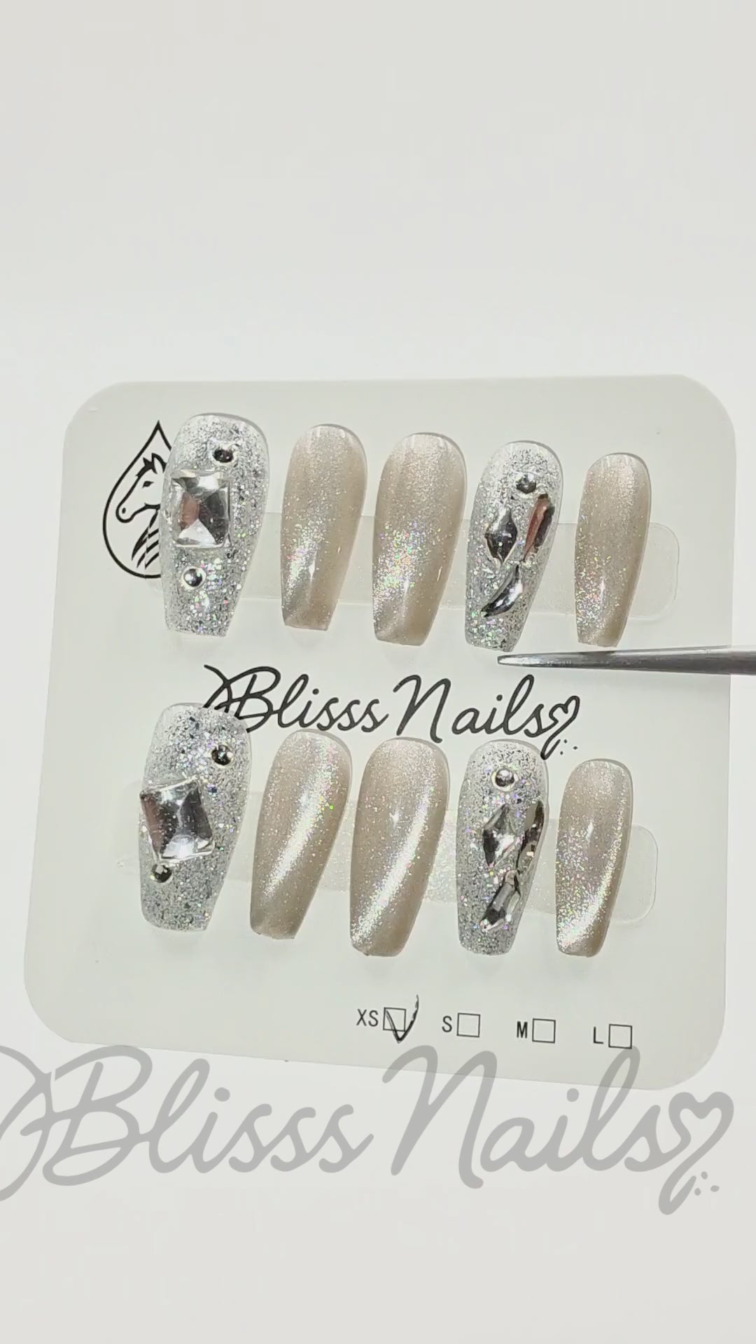 Blisss Nails Handmade Champagne Gold Silver Crystal Press On Nails – Long Coffin Reusable Artificial Fake Nails with Glitter Rhinestones | Premium Luxury Nail Art 10 pc Nails Set