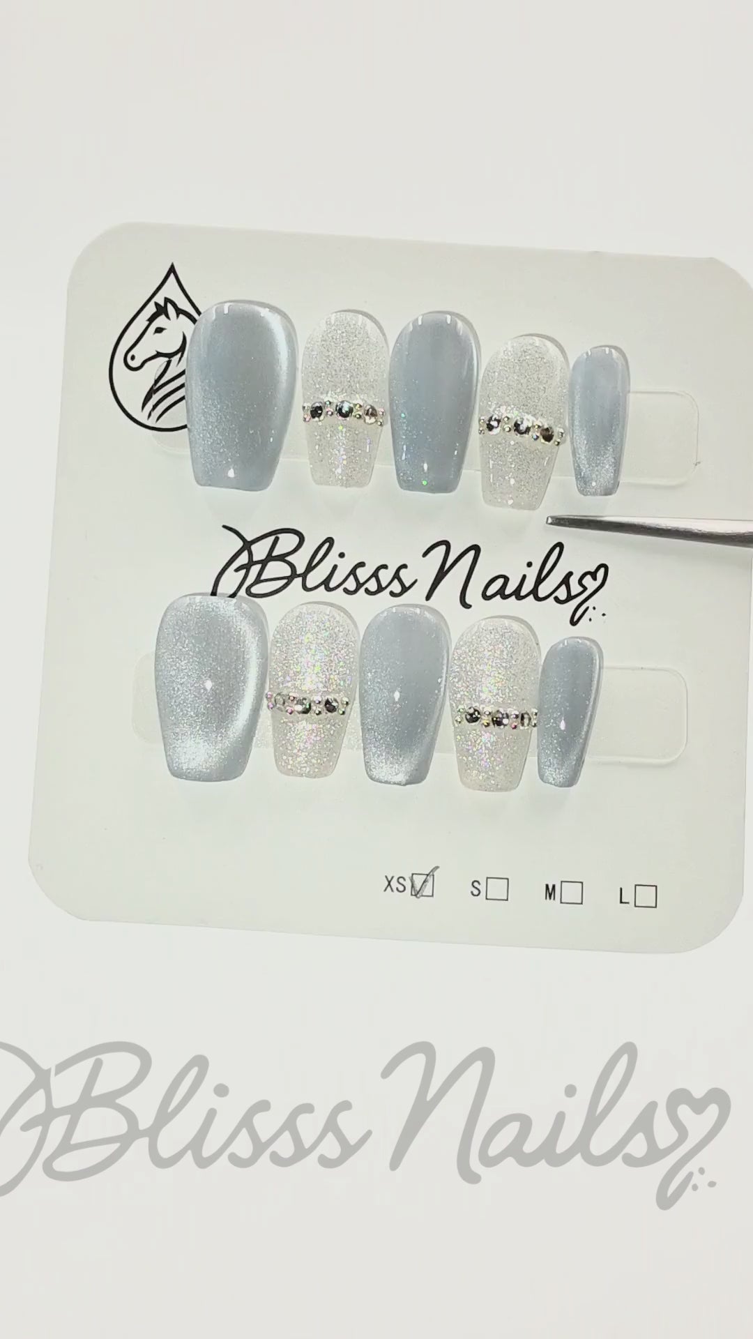 Blisss Nails Handmade Blue Grey with Cat Eye Effect & Silver Glitter Press On Nails – Short Coffin Reusable Artificial Fake Nails with Rhinestone Band | Premium Luxury Nail Art 10