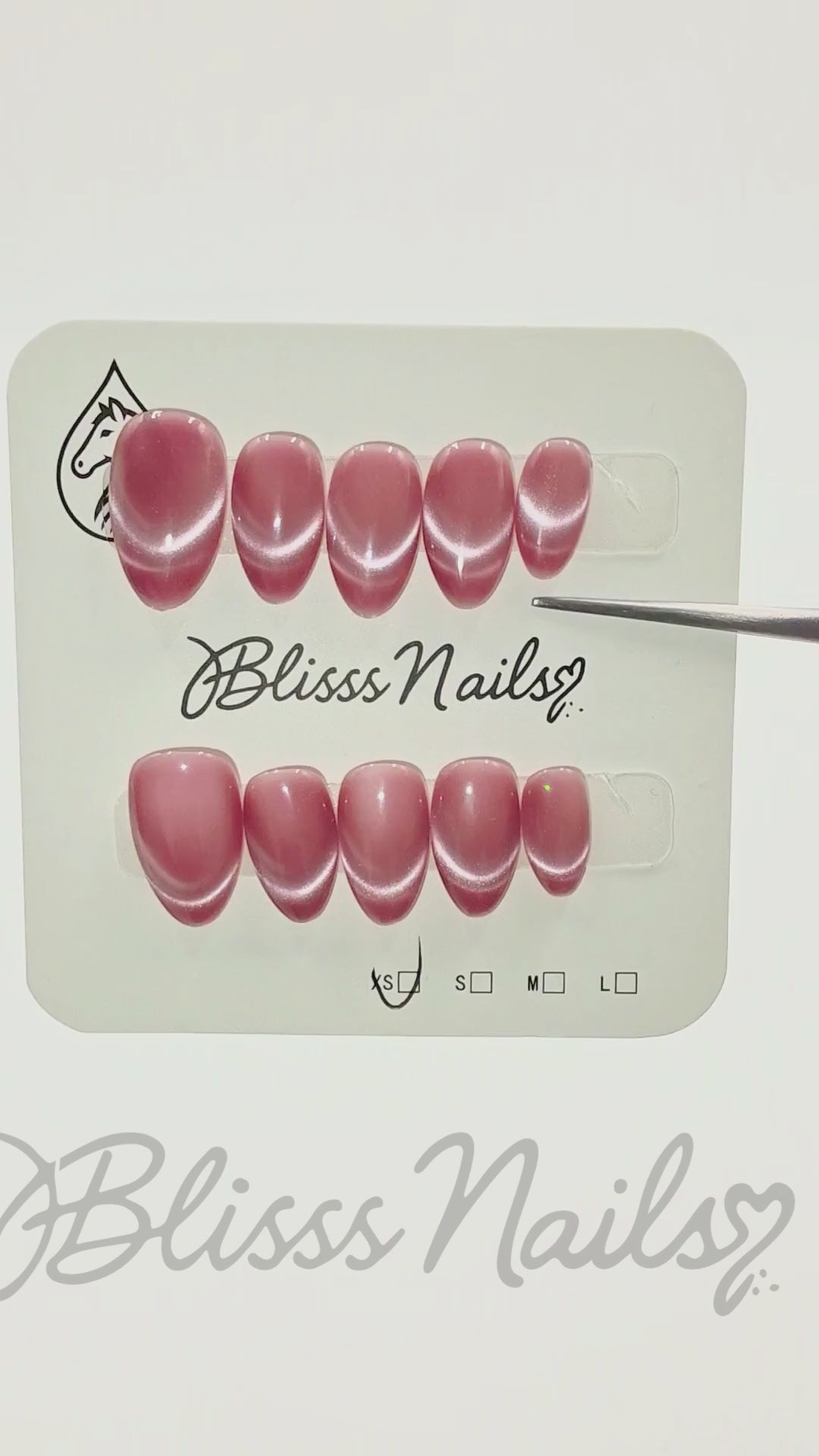 Blisss Nails Handmade Premium Press On Nails - Dusty Pink Rose Halo Cat Eye Magnetic Effect, Reusable Artificial Nails, Short Almond Stiletto Shape, Luxury Shimmer Finish Salon-Quality False Nails 10 Pcs Nail Set