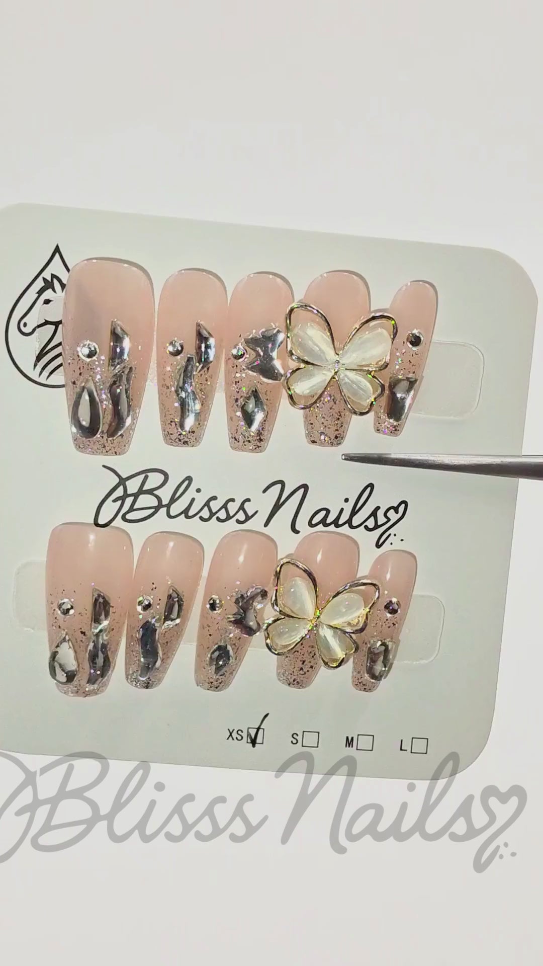 Blisss Nails Handmade Nude Glitter Press On Nails – Long Coffin Reusable Artificial Fake Nails with 3D Butterfly Charm & Chrome Accents | Premium Luxury Nail Art 10 pc Nail Set