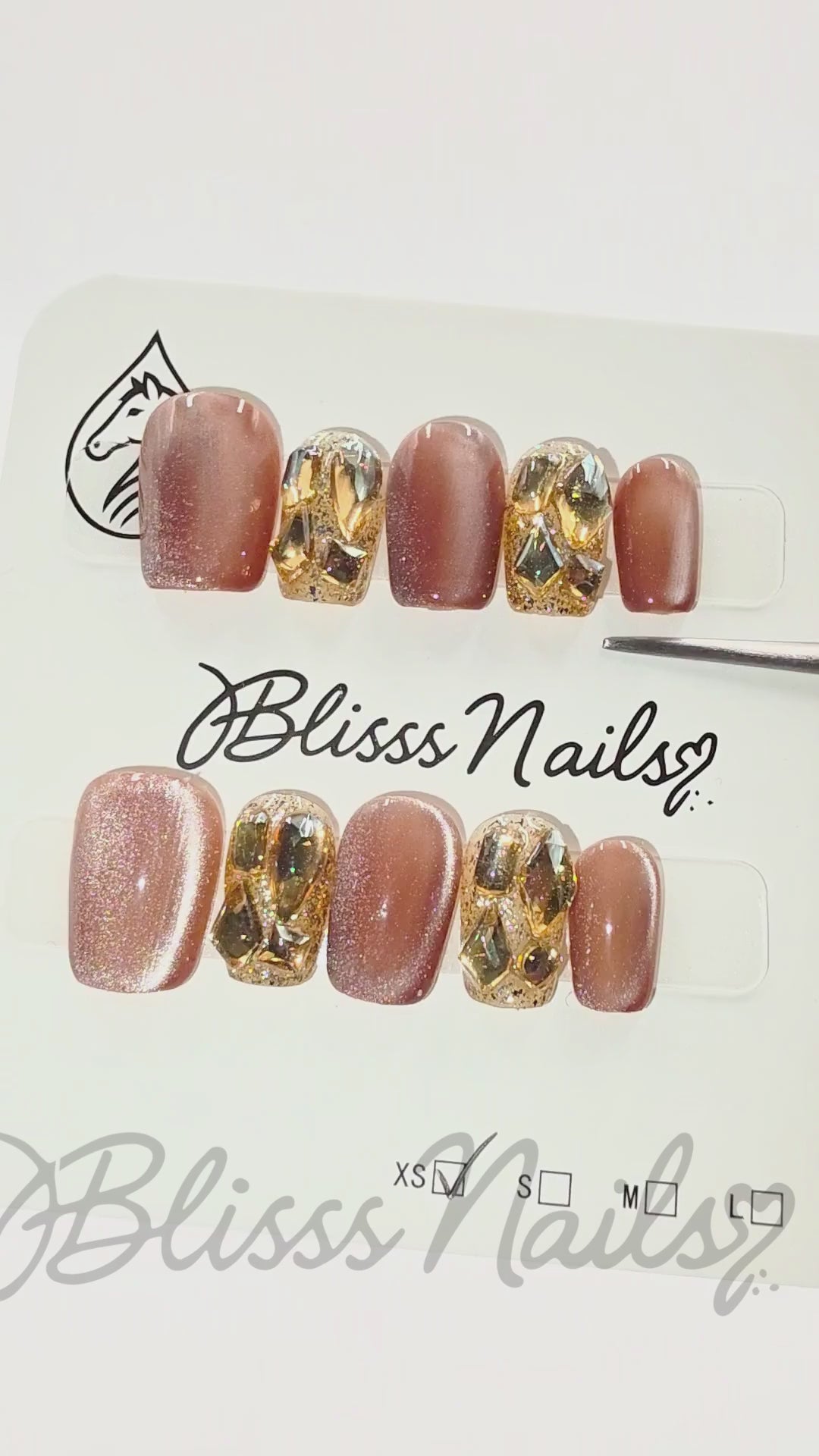 Blisss Nails Handmade Brown With Cat Eye Effect Gold Crystal Press On Nails – Short Square Reusable Artificial Fake Nails with Glitter Rhinestones | Premium Luxury Nail Art 10 pc Nails Set