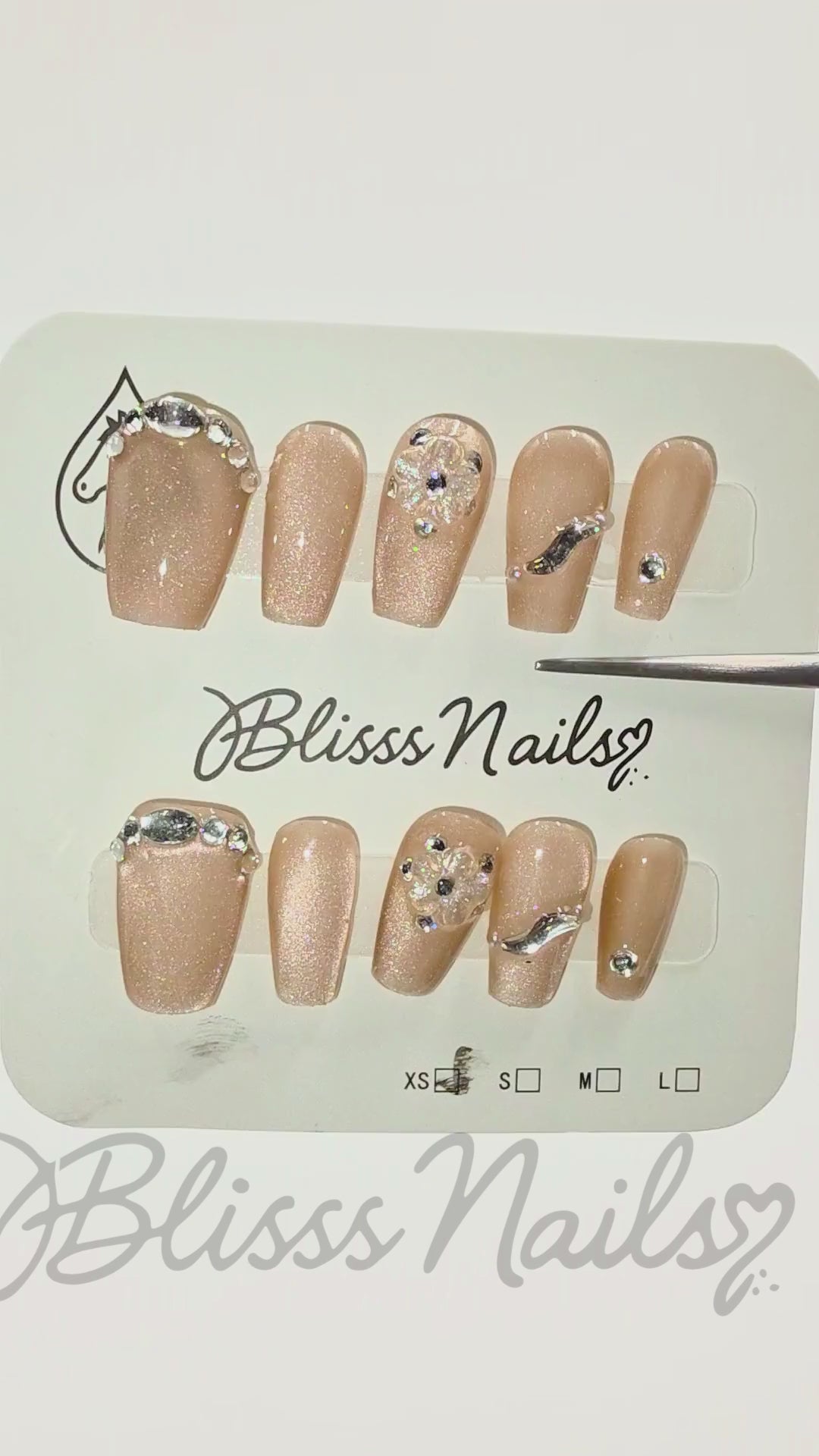 Blisss Nails Premium Handmade Nude Coffin with Cat Eye Effect Fake Nails – short Coffin Artificial Reusable Press On Nails with Crystal Rhinestones & Metallic Accent Design | Glossy Salon Finish  10 pc Nails Set