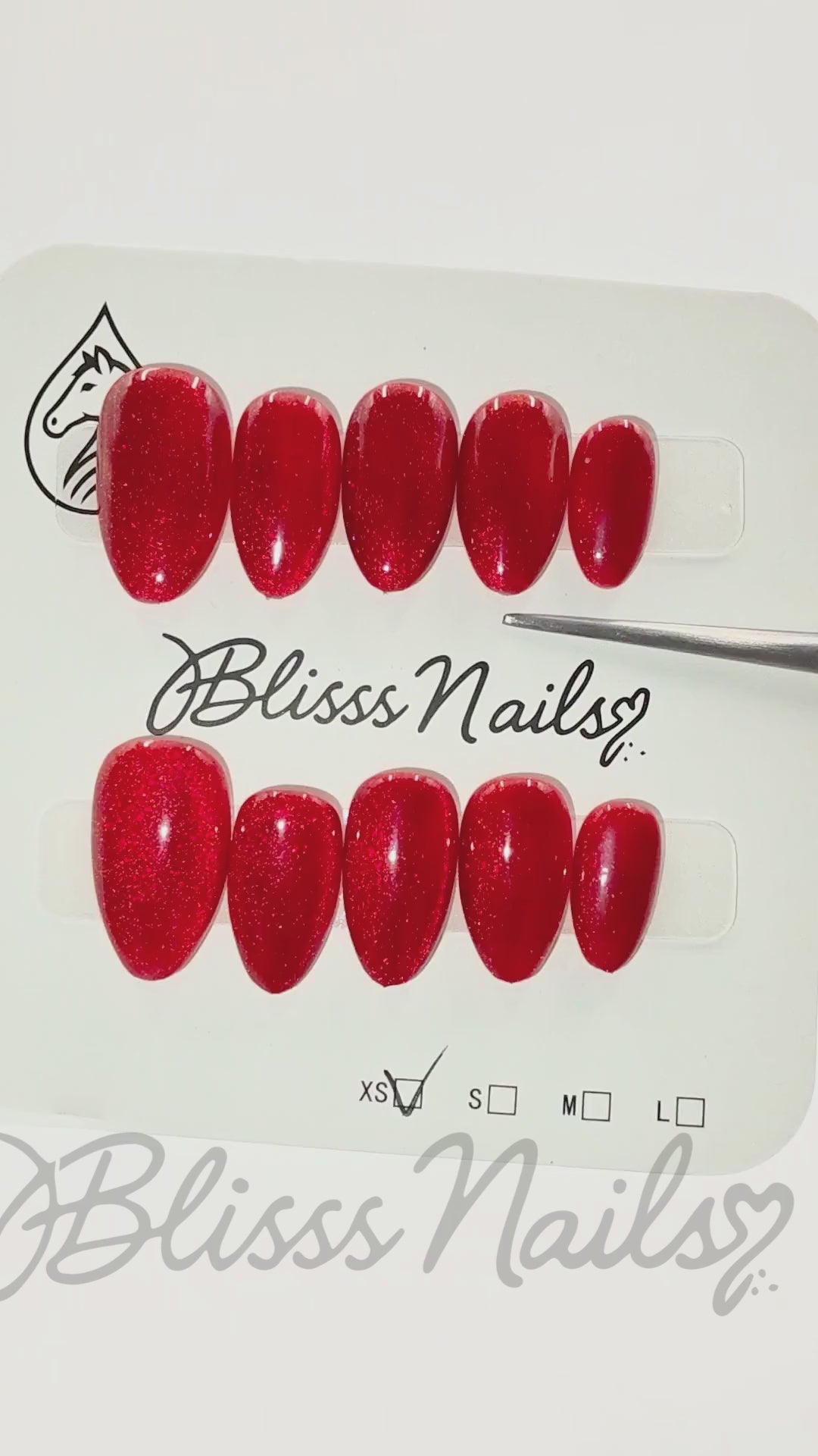 Blisss Nails Handmade Premium Press On Nails – Crimson Ruby Red Cat Eye Magnetic Effect, Reusable Artificial Nails, Short Almond Stiletto Shape, Luxury Shimmer Finish Salon-Quality Fake Nails 10 Pcs Nail Set