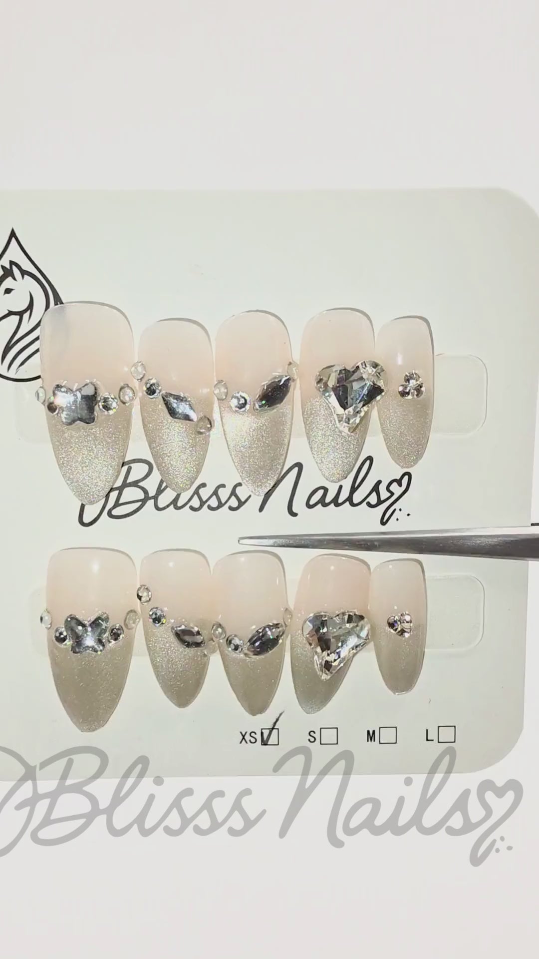 Blisss Nails Premium Handmade Nude Ombre with Cat Eye Effect Fake Nails – Long Almond Artificial Reusable Press On Nails with Crystal Rhinestones & Heart Accent for Women | Luxury Salon Finish 10 pc Nails Set