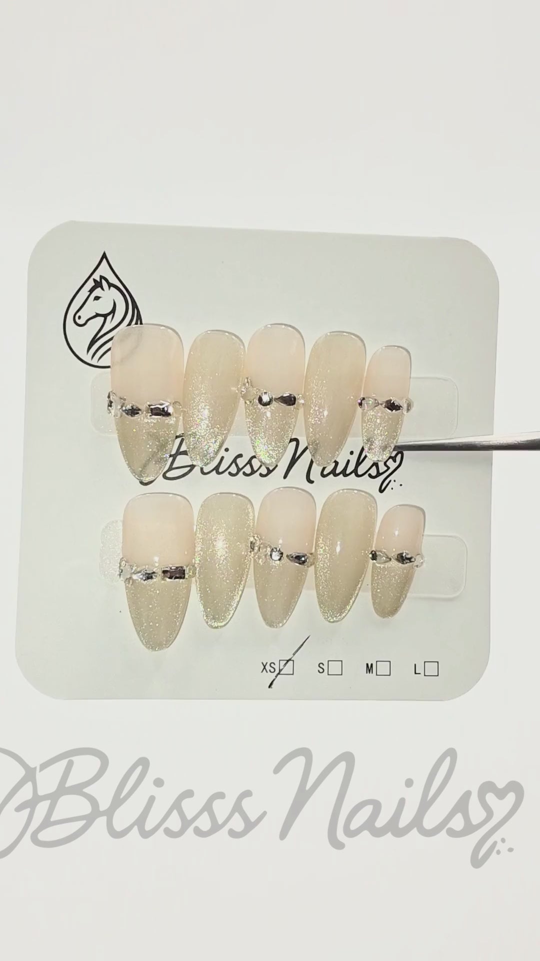 Blisss Nails Premium Handmade Nude Ombre with Cat Eye Effect Fake Nails – Long Almond Artificial Reusable Press On Nails with Rhinestone Chain Design | Elegant Glossy Salon Finish 10 pc Nails Set