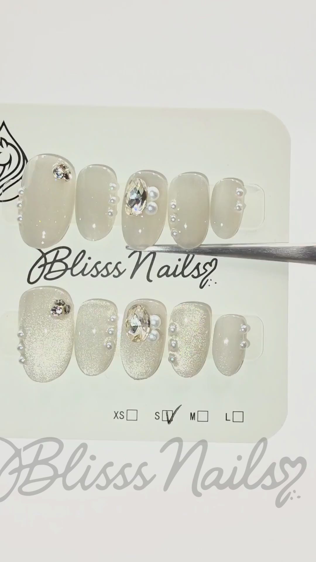 Blisss Nails Premium Handmade Nude Pearl with Cat Eye Effect Fake Nails – Short Almond Artificial Reusable Press On Nails with Rhinestones & Pearl Accents for Women | Elegant Salon Finish 10 pc nails Set